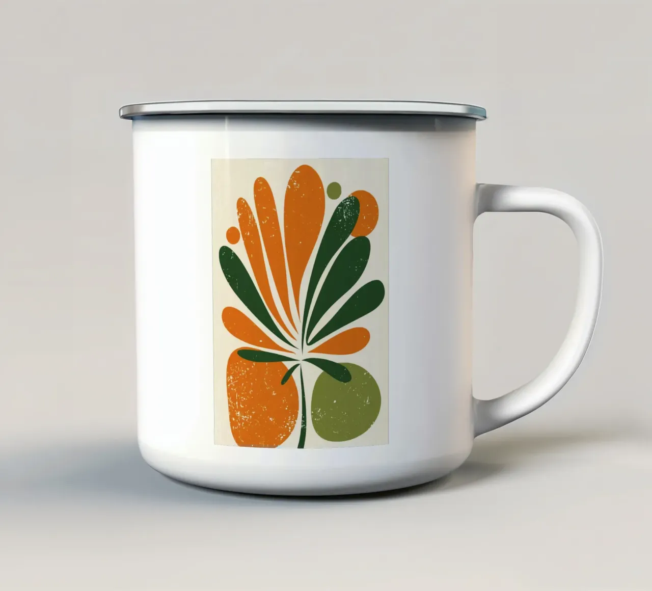 Orange Green Twig Silhouette on Soft Abstract Shape Layers enamel mug by Modern Muse