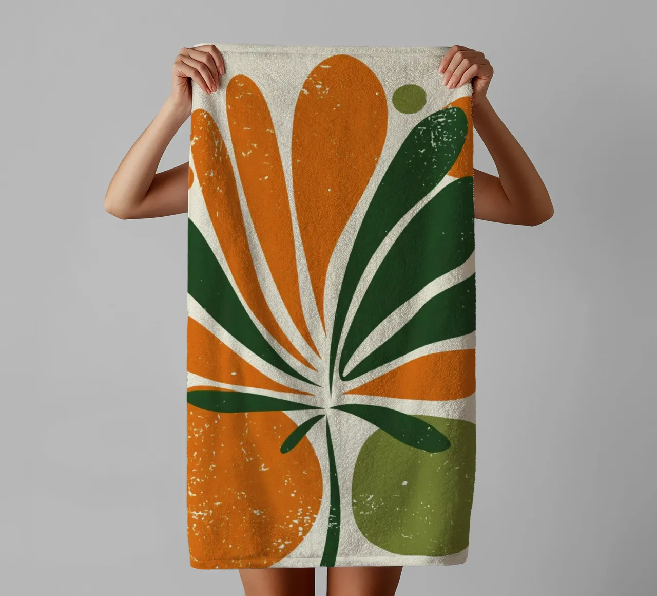 Orange Green Twig Silhouette on Soft Abstract Shape Layers towel by Modern Muse