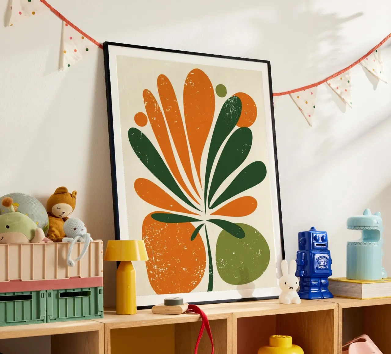 Orange Green Twig Silhouette on Soft Abstract Shape Layers hahnemühle by Modern Muse