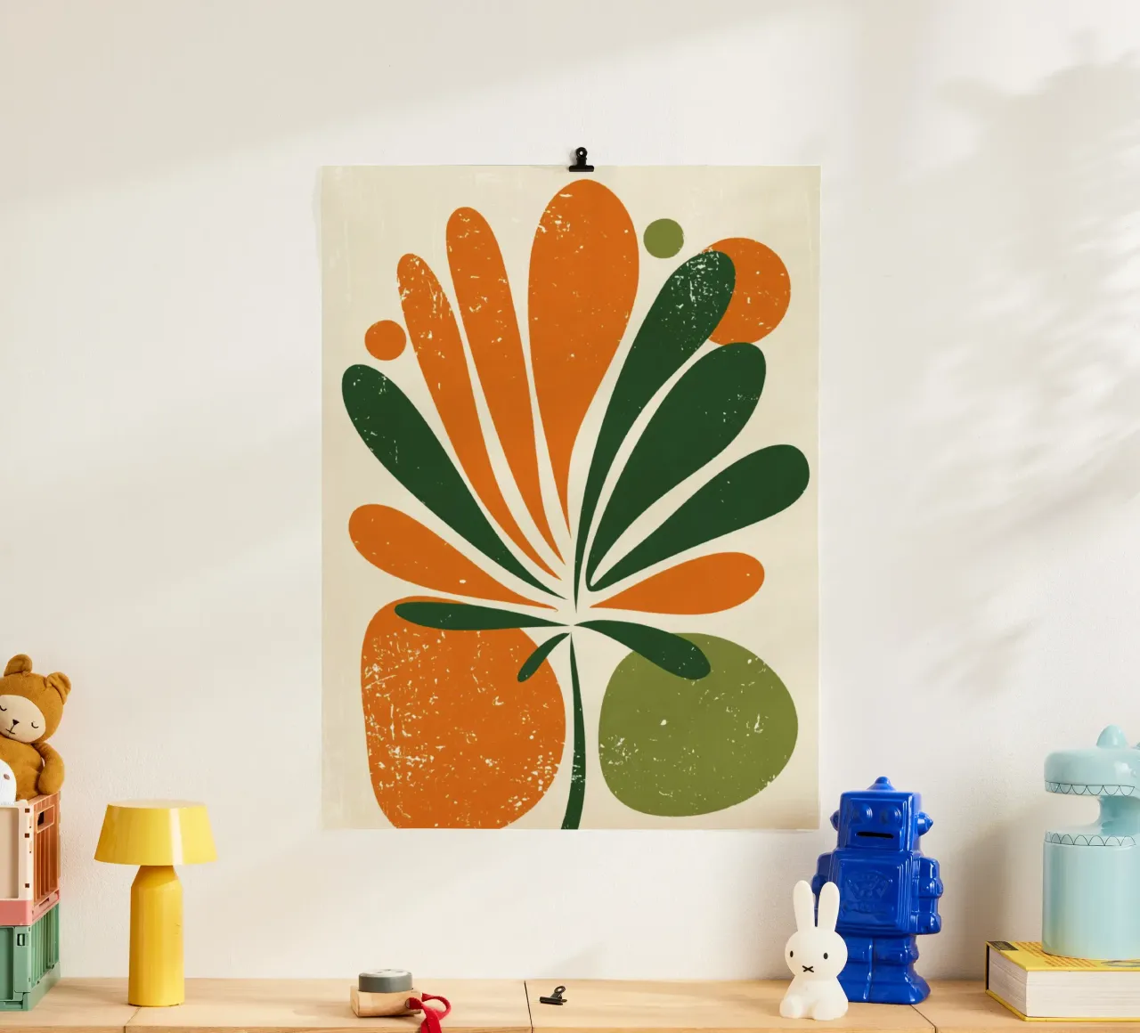 Orange Green Twig Silhouette on Soft Abstract Shape Layers hahnemühle by Modern Muse