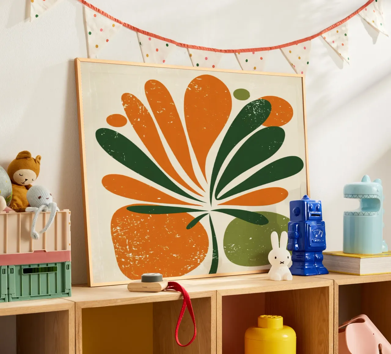 Orange Green Twig Silhouette on Soft Abstract Shape Layers hahnemühle by Modern Muse