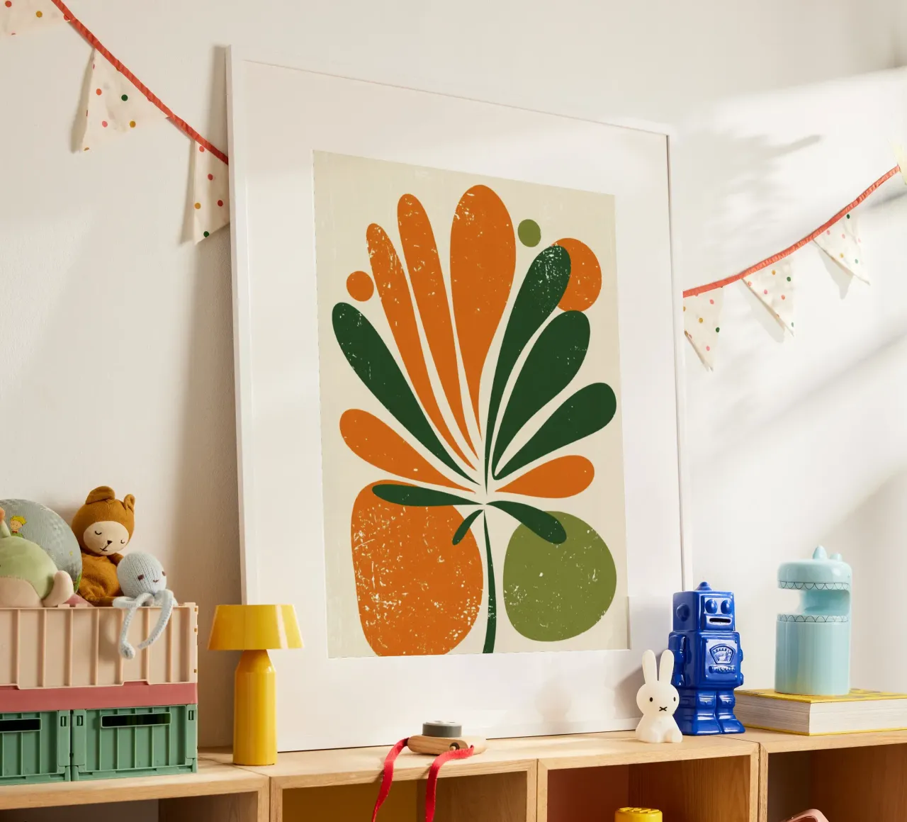 Orange Green Twig Silhouette on Soft Abstract Shape Layers hahnemühle by Modern Muse