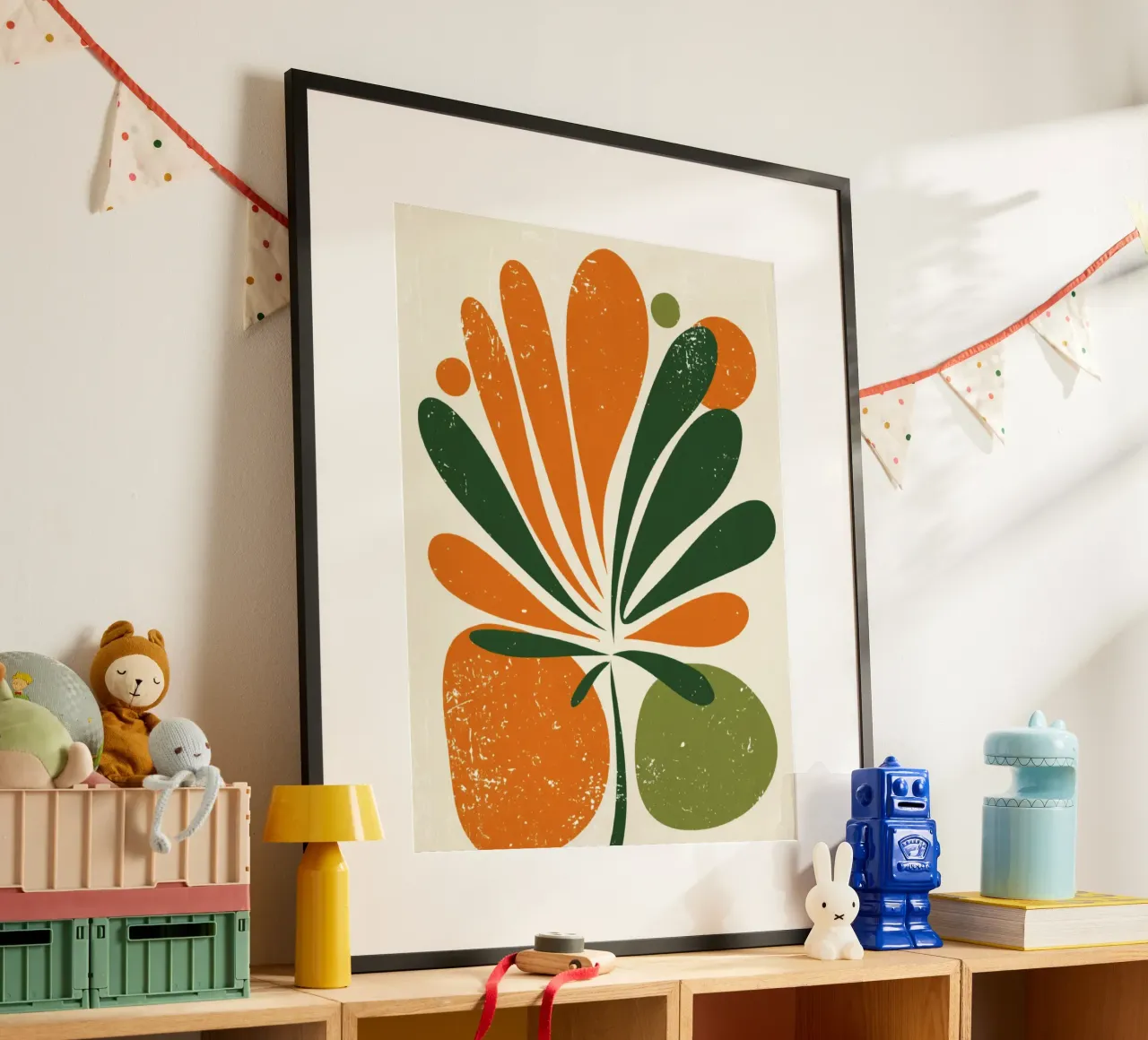 Orange Green Twig Silhouette on Soft Abstract Shape Layers hahnemühle by Modern Muse