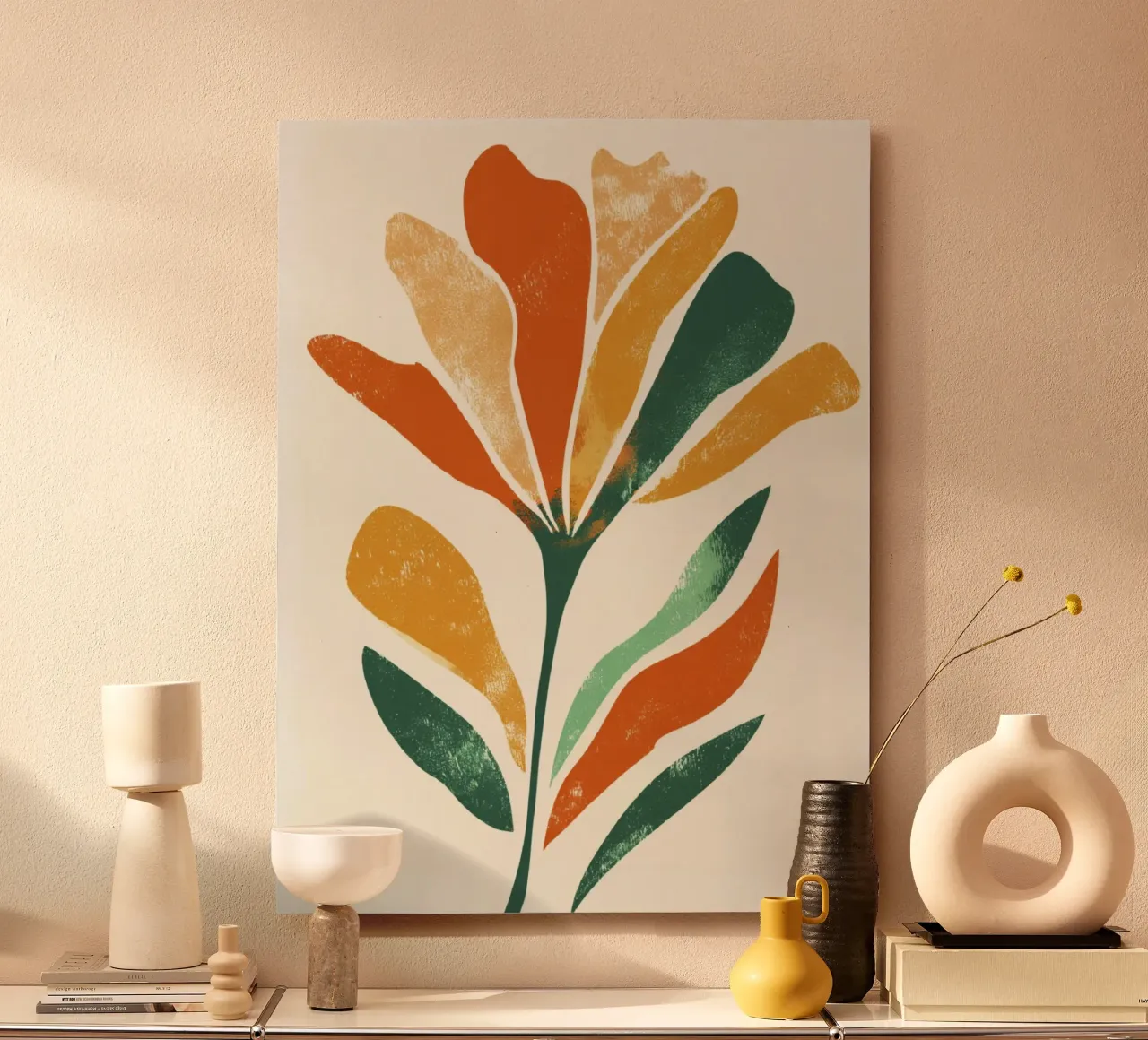 Abstracte bloemvorm in gelaagd aards kleurenpalet aluminium-dibond van Modern Muse