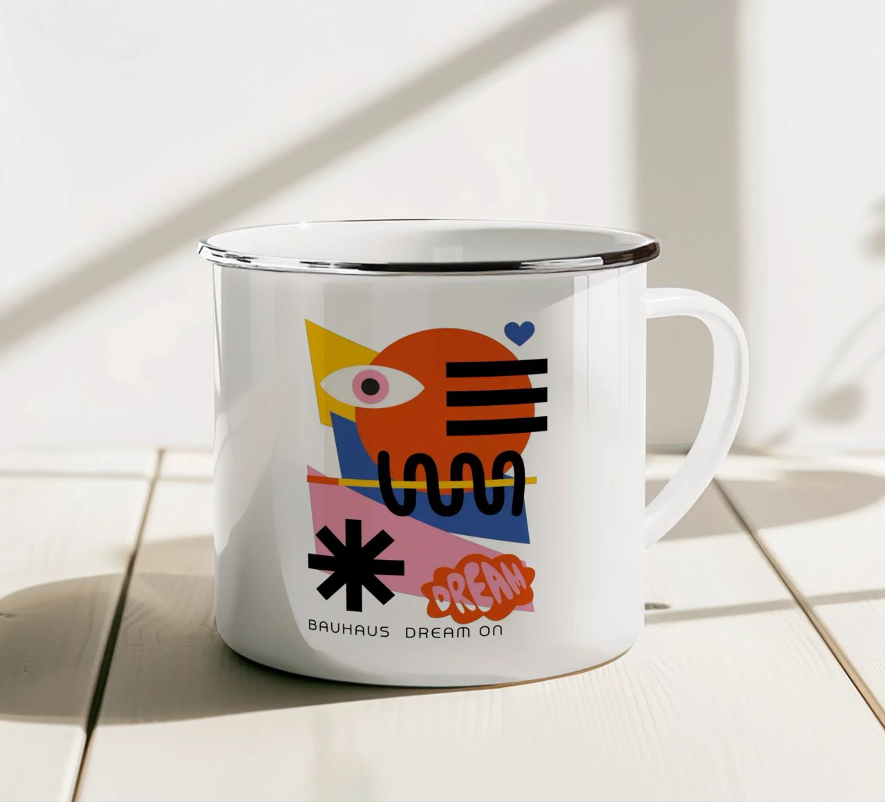 Bauhaus Droom Op Print | Geometrische Abstracte Kunst emaille mok van NorwesClub