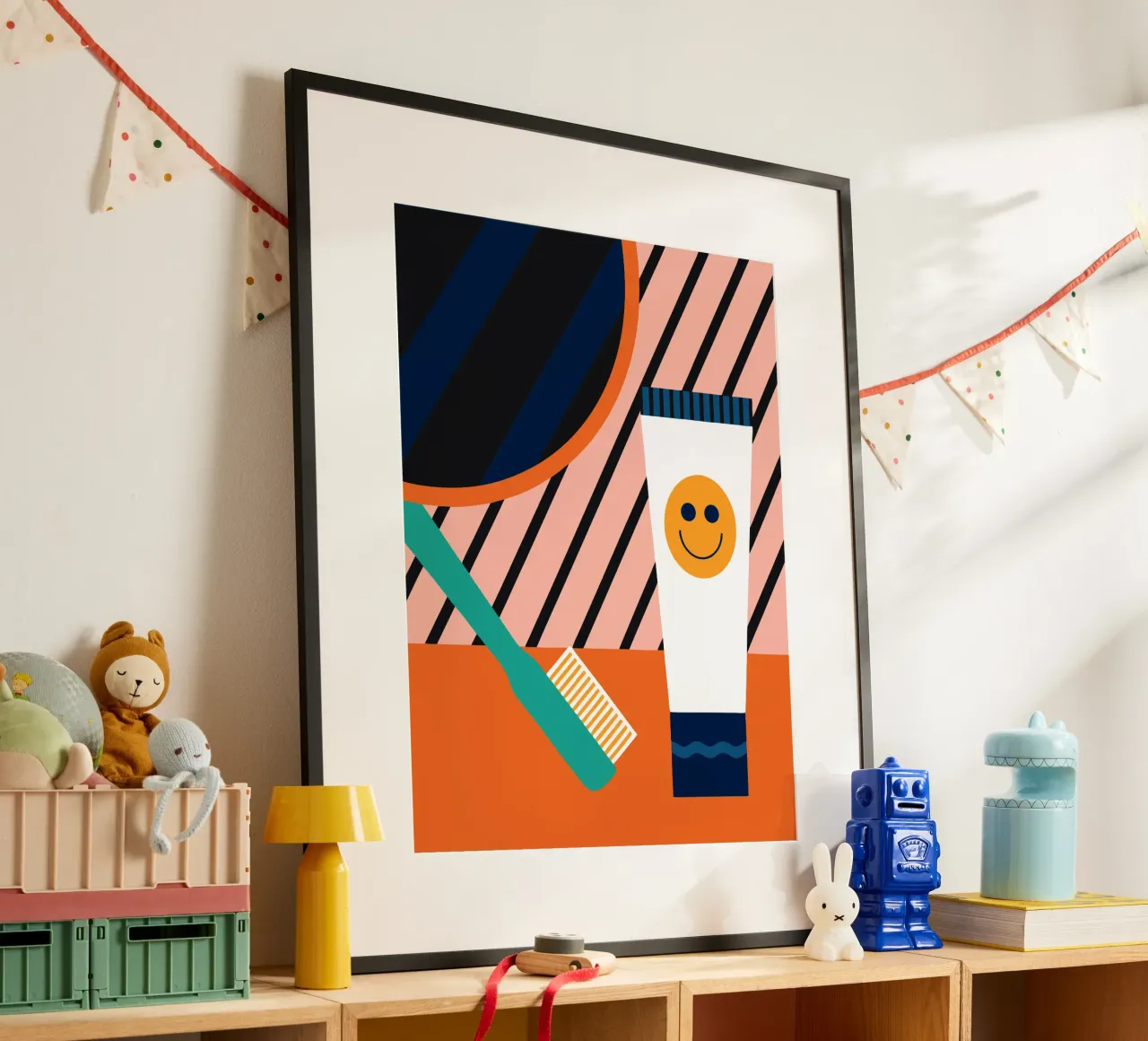 Spazzolino e dentifricio poster con telaio in legno da LOOK DIFFERENT