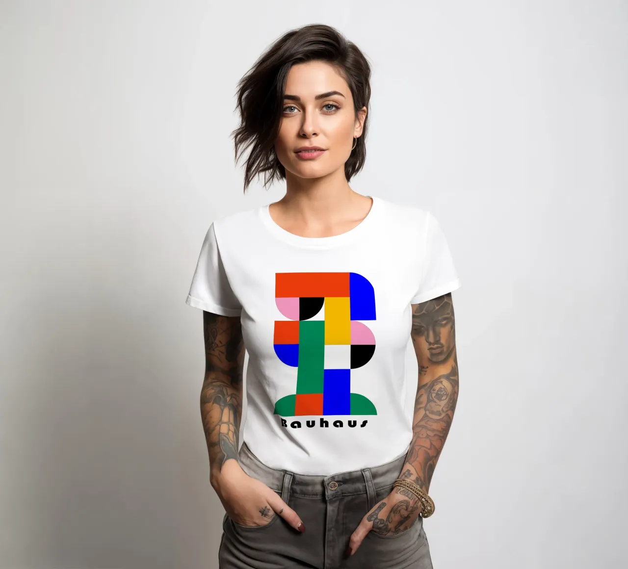 Bauhaus Geometric Abstract Color Art Print Design women's fitted t-shirt by NorwesClub