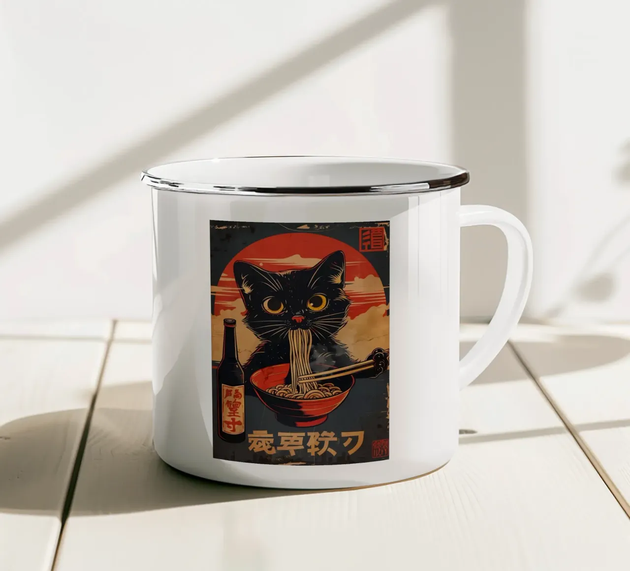 Gatto Nero Ramen tazza in smalto da Margaret Marie Ostrout