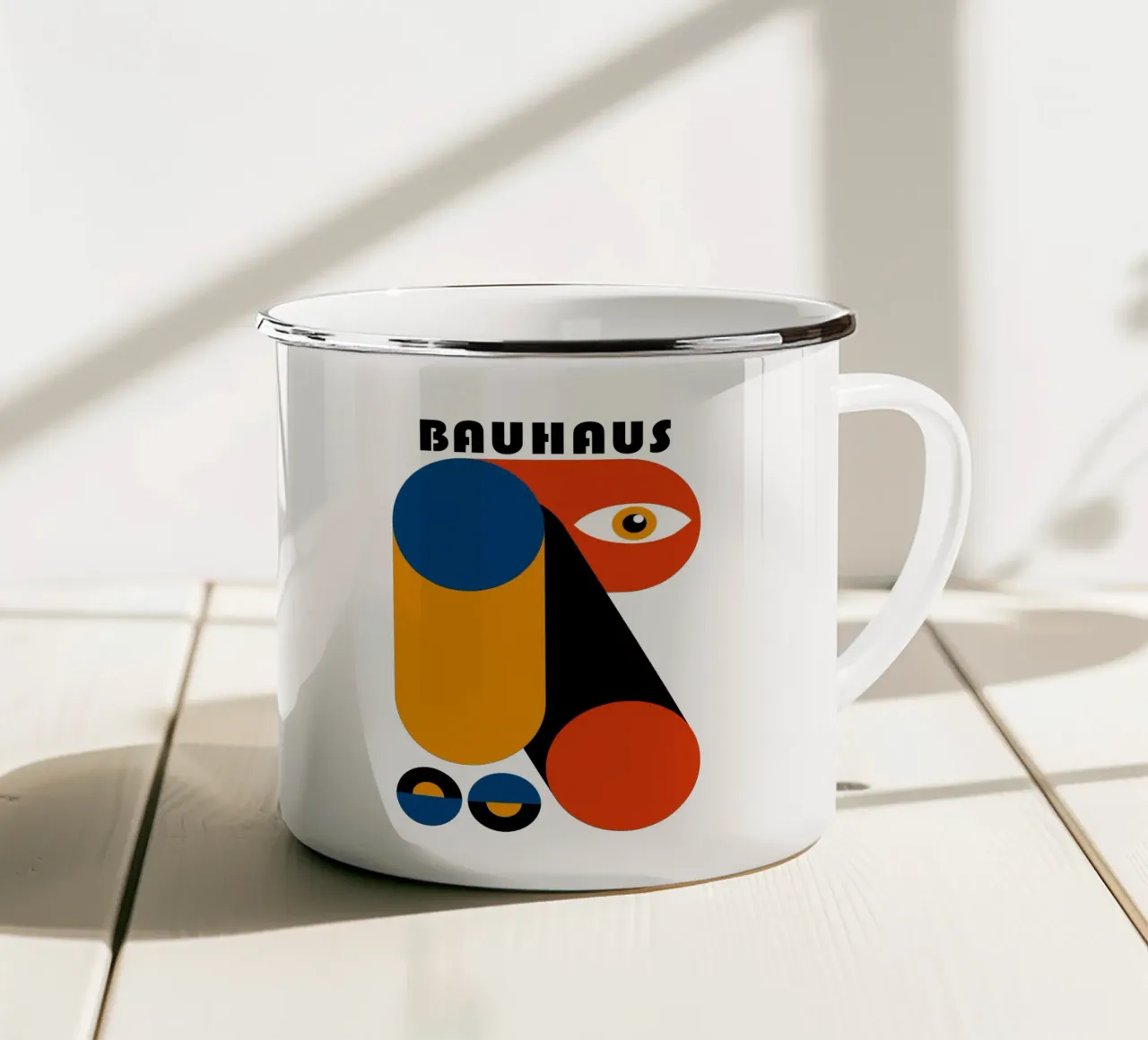 Bauhaus Abstract Geometrisch Oog Blauw Oranje Print emaille mok van NorwesClub