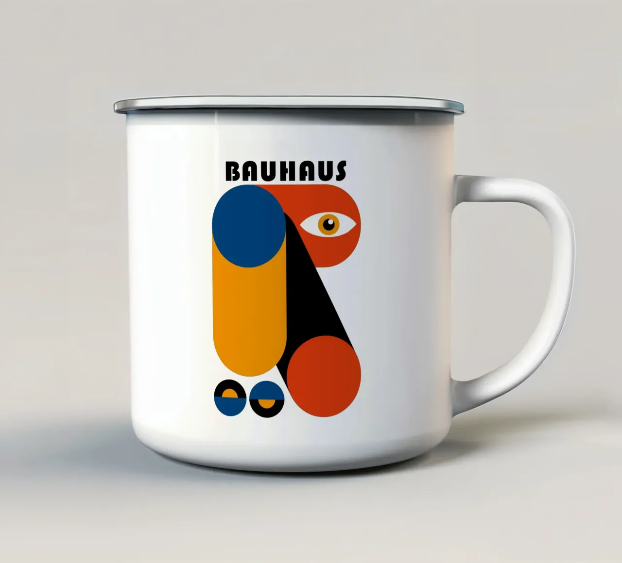 Bauhaus Abstract Geometrisch Oog Blauw Oranje Print emaille mok van NorwesClub