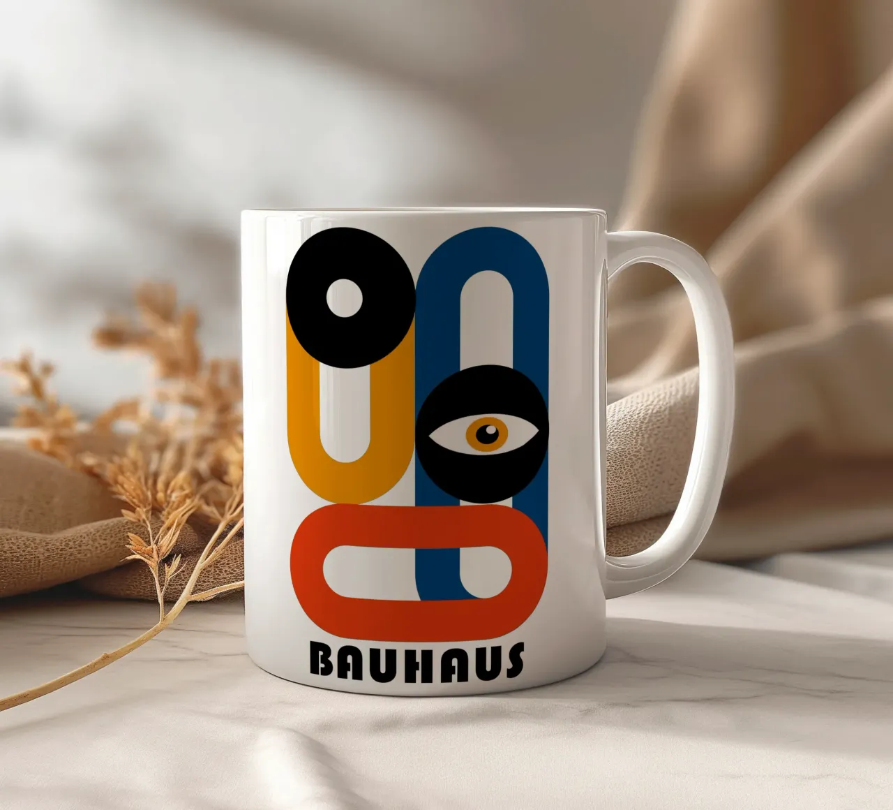 Bauhaus Forme geometriche Occhio Blu Arancione Stampa tazza in ceramica da NorwesClub