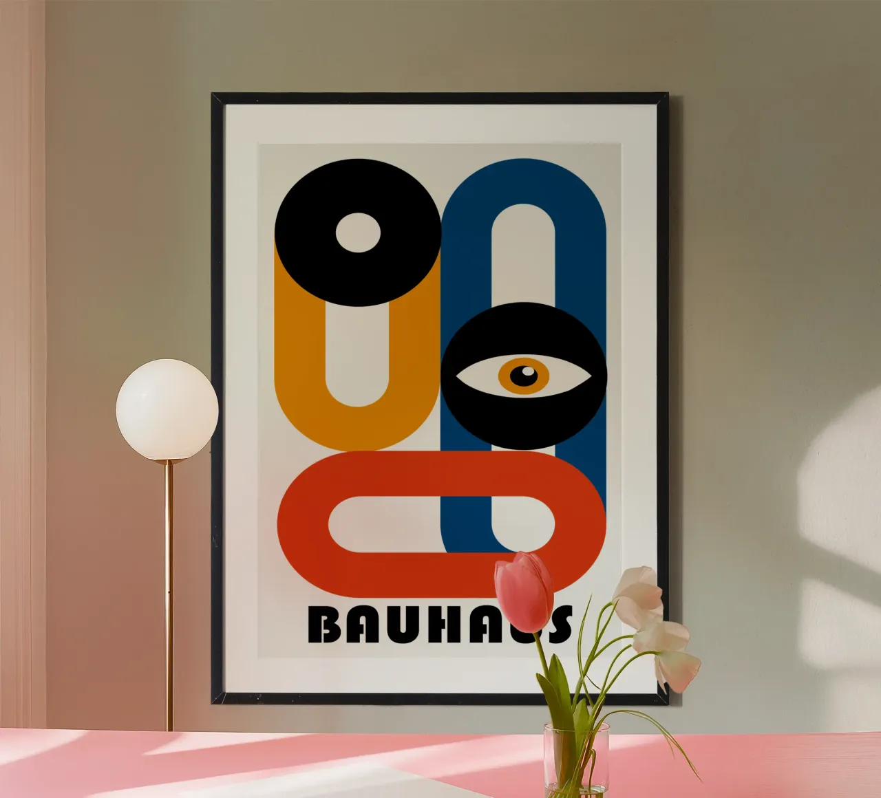 Bauhaus Forme geometriche Occhio Blu Arancione Stampa poster con telaio in legno da NorwesClub