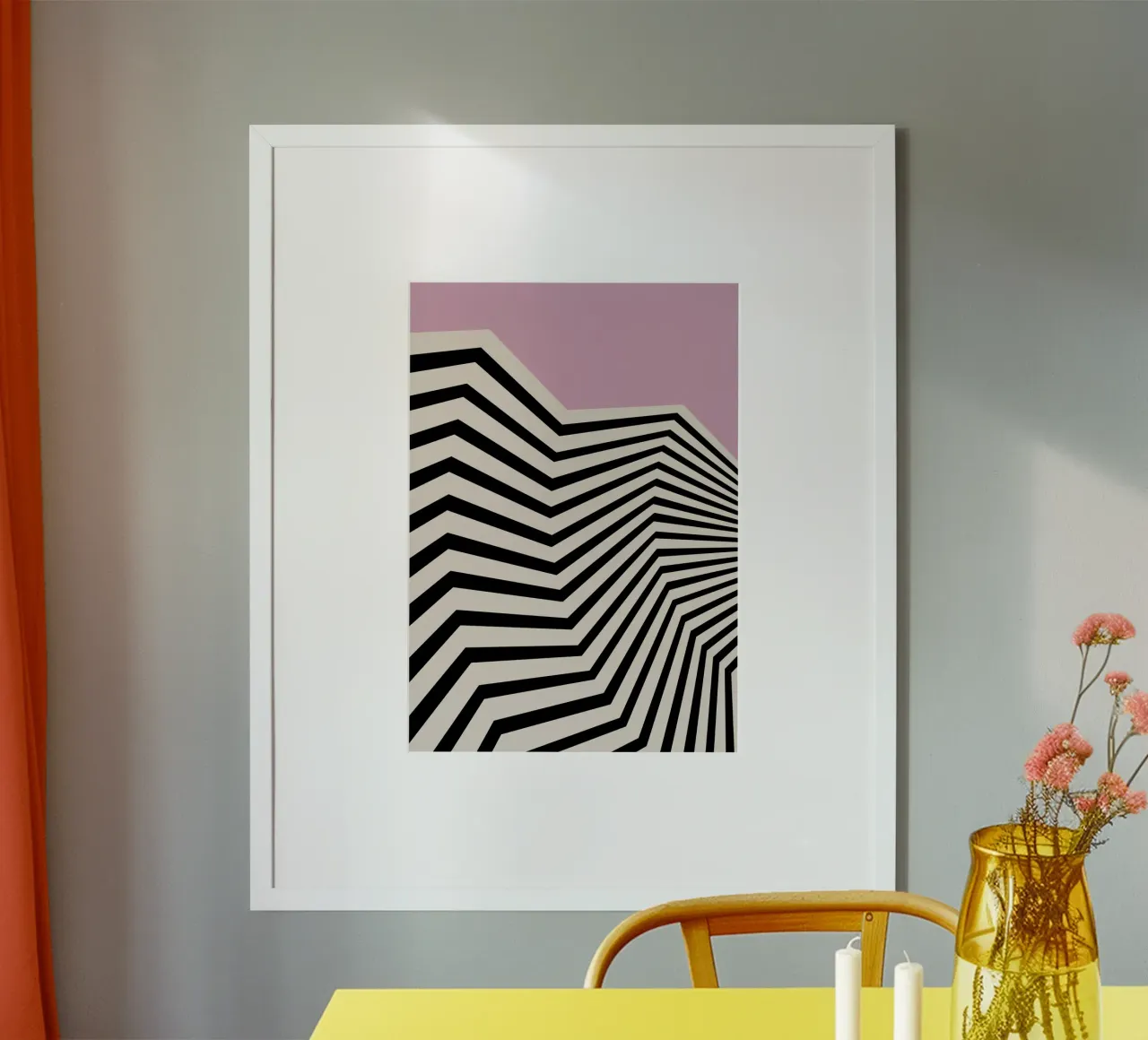 HAMJAM Waves Abstrakte Streifen Rosa Wand Kunstdruck Poster mit Holzrahmen von NorwesClub