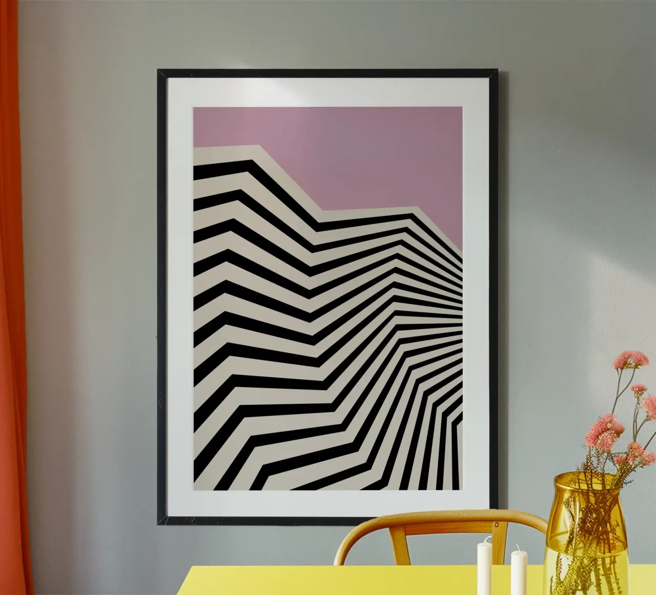 HAMJAM Waves Abstrakte Streifen Rosa Wand Kunstdruck Poster mit Holzrahmen von NorwesClub