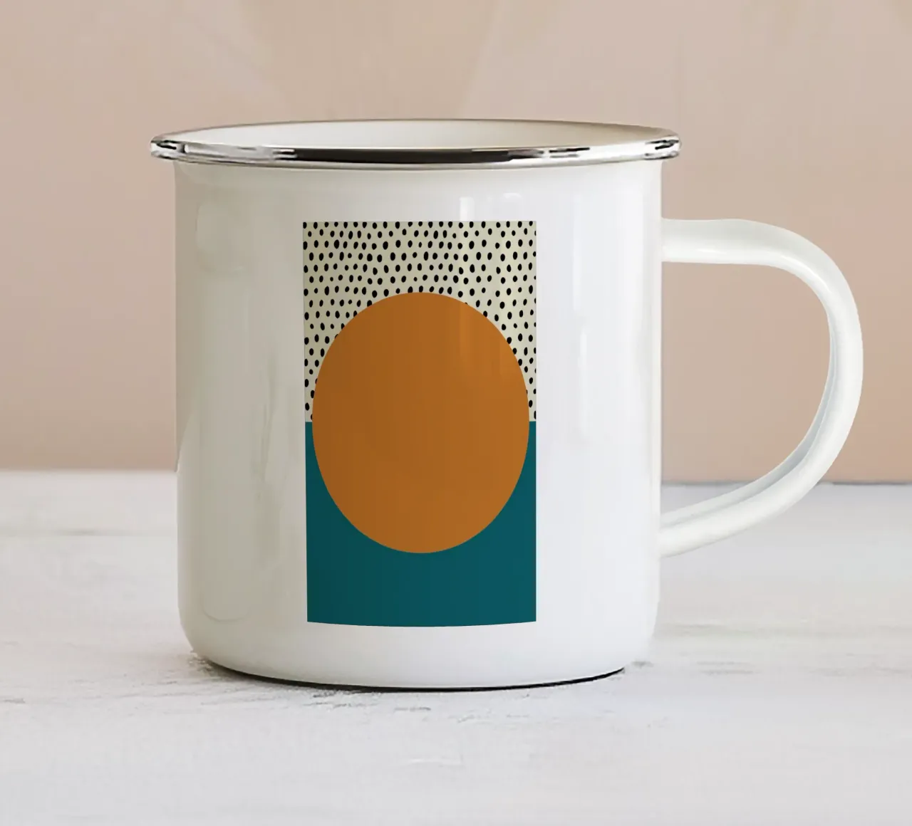 Stampa minimalista dell'alba astratta a pois ovali arancione verde acqua tazza in smalto da NorwesClub