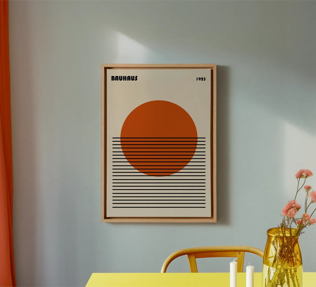 Bauhaus 1923 Grafik Poster Orange Kreis Leinwand mit Schattenfugenrahmen von NorwesClub