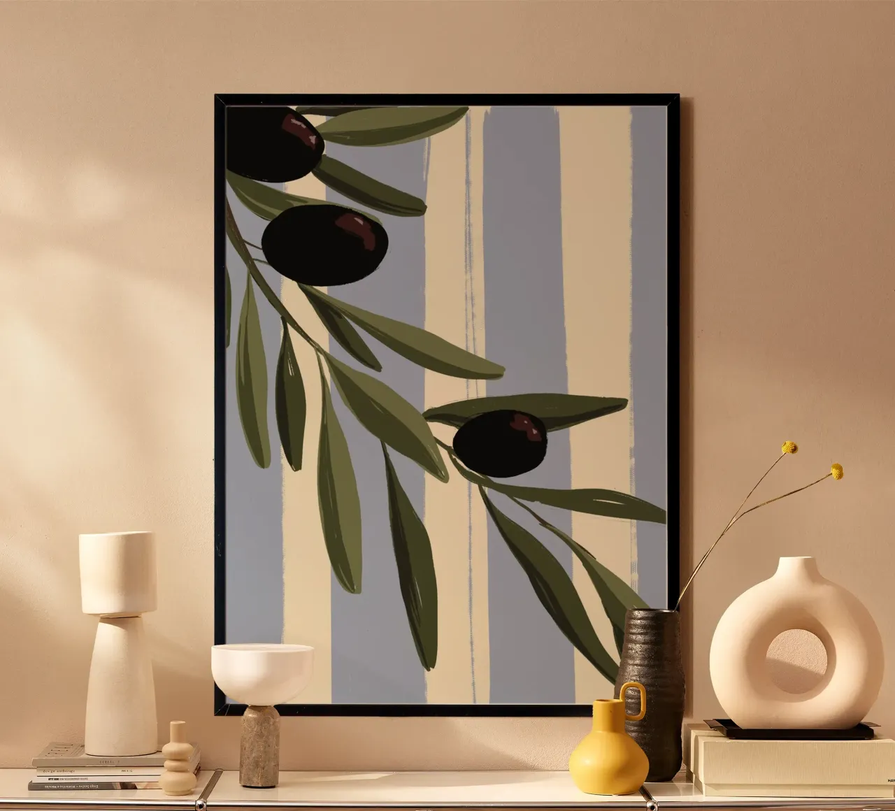Rami d'ulivo su strisce blu. poster con telaio in alluminio da Sixmai
