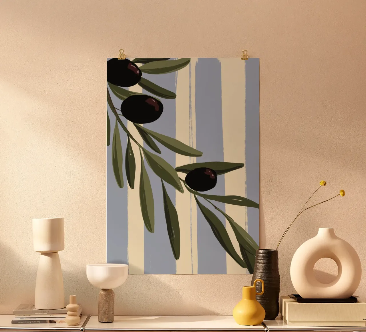 Rami d'ulivo su strisce blu. poster con telaio in alluminio da Sixmai