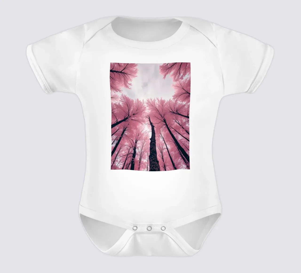 Vibrant abstract pink trees against a cloudy sky short-sleeve baby romper by DesignDoodle