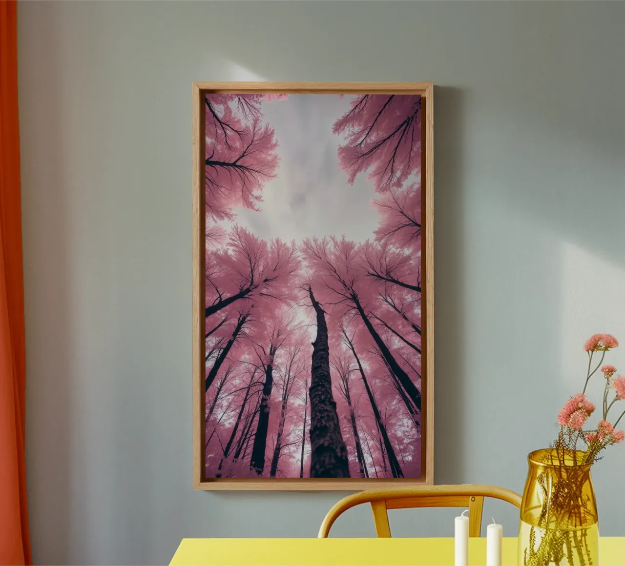 Vibrant abstract pink trees against a cloudy sky canvas with Floater frame by DesignDoodle
