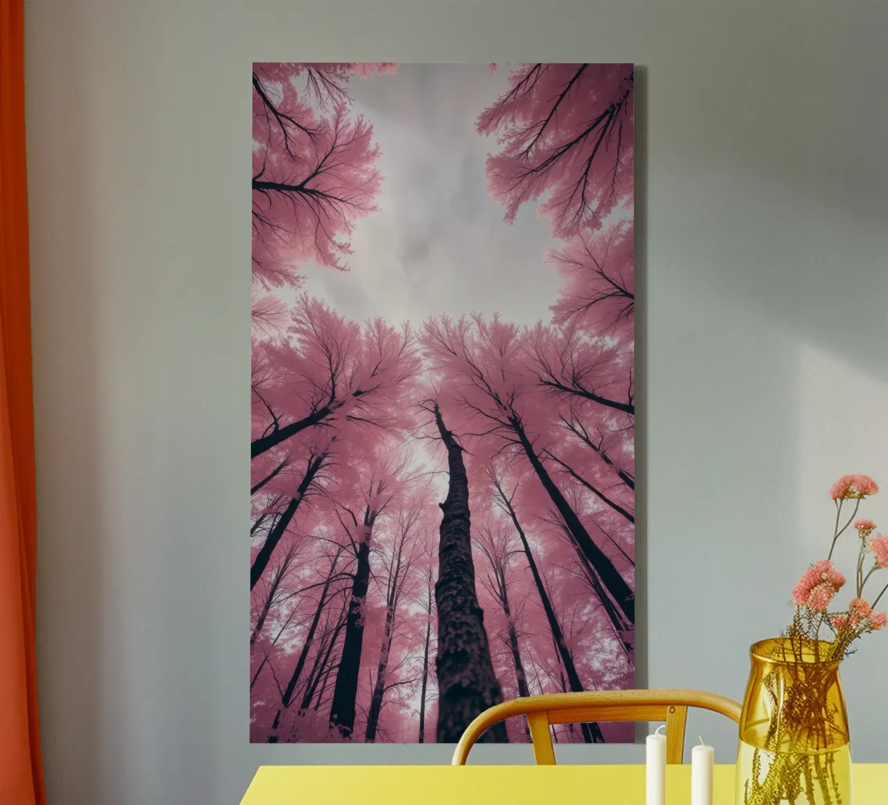 Vibrant abstract pink trees against a cloudy sky canvas with Floater frame by DesignDoodle