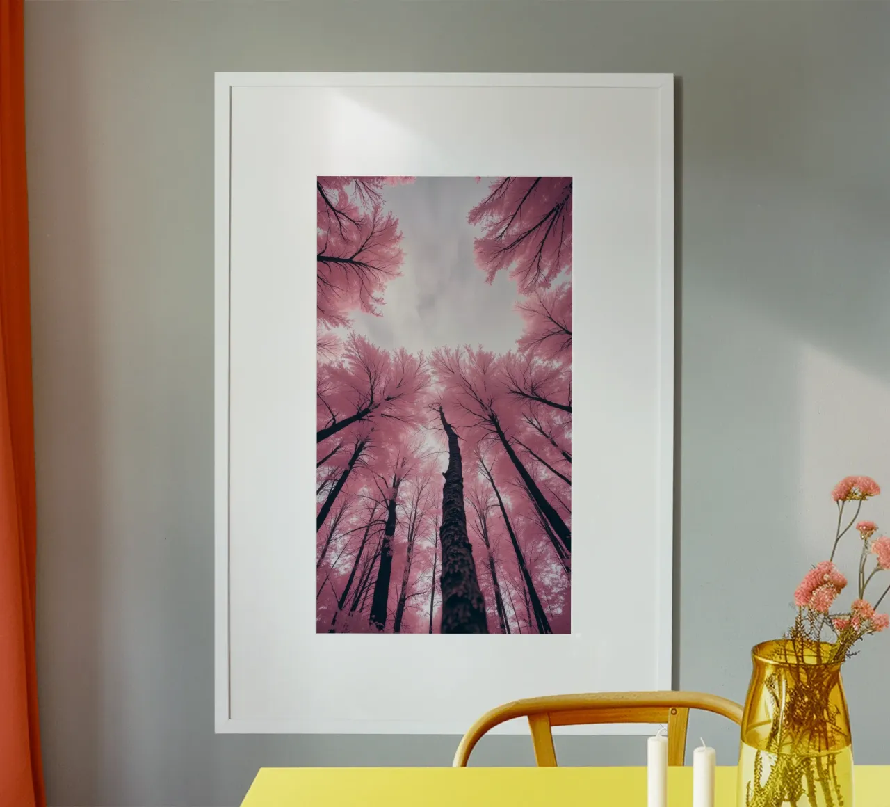 Vibrant abstract pink trees against a cloudy sky hahnemühle by DesignDoodle