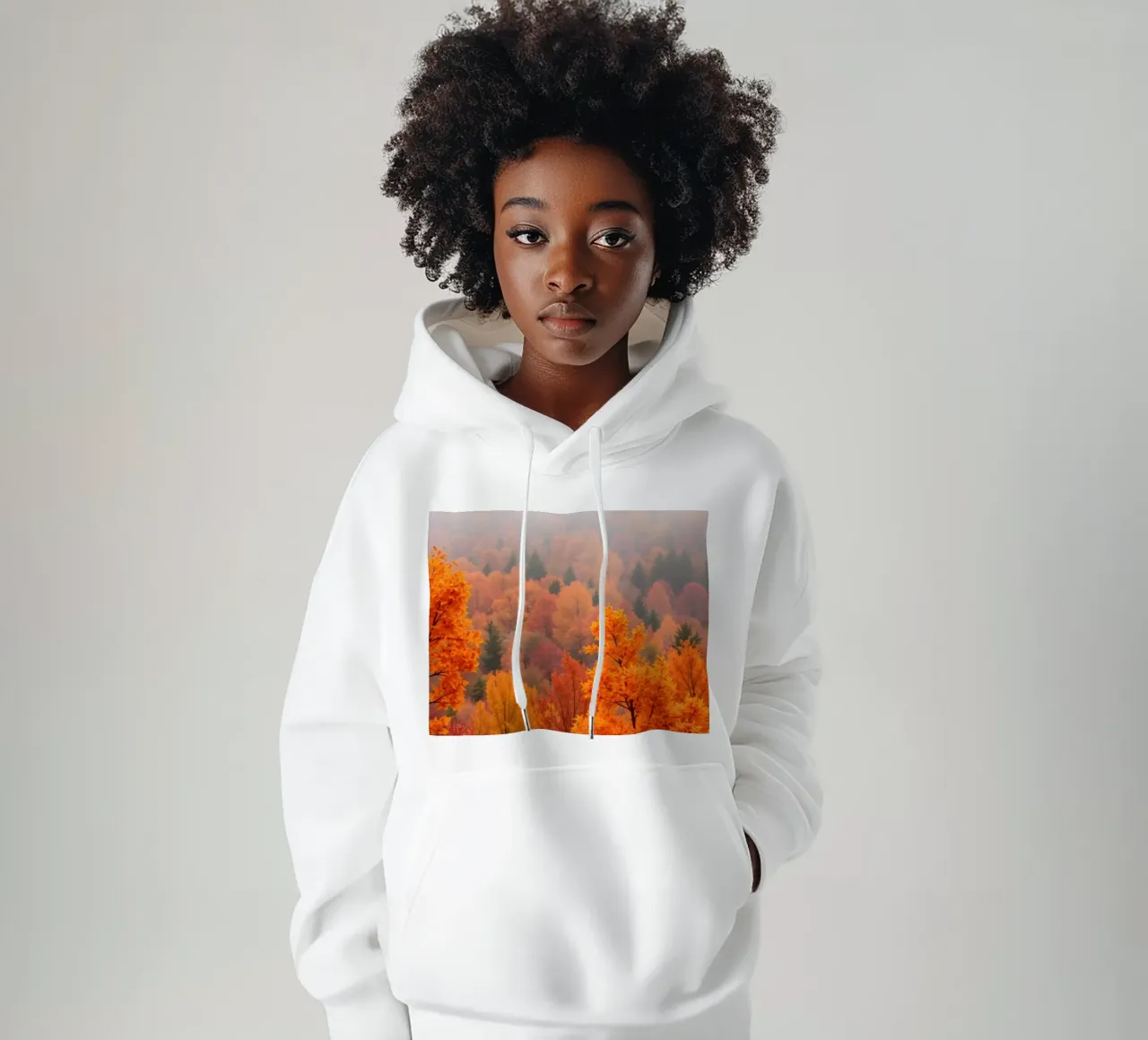 fall foliage creating a stunning backdrop in a misty forest hoodie by DesignDoodle