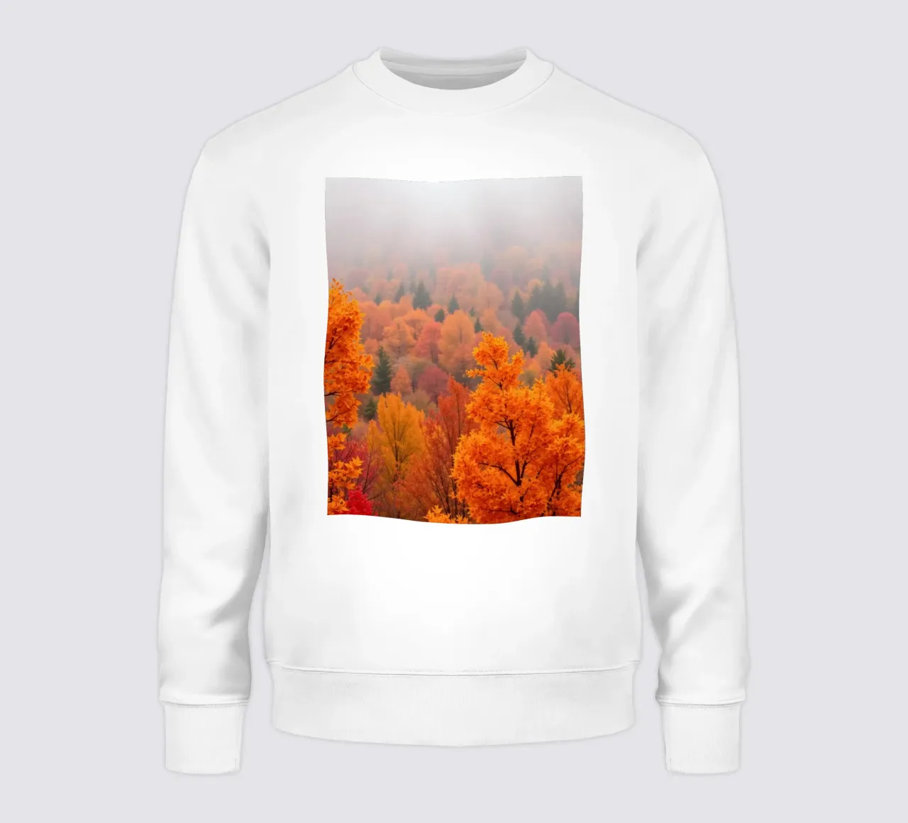 fall foliage creating a stunning backdrop in a misty forest sweatshirt by DesignDoodle