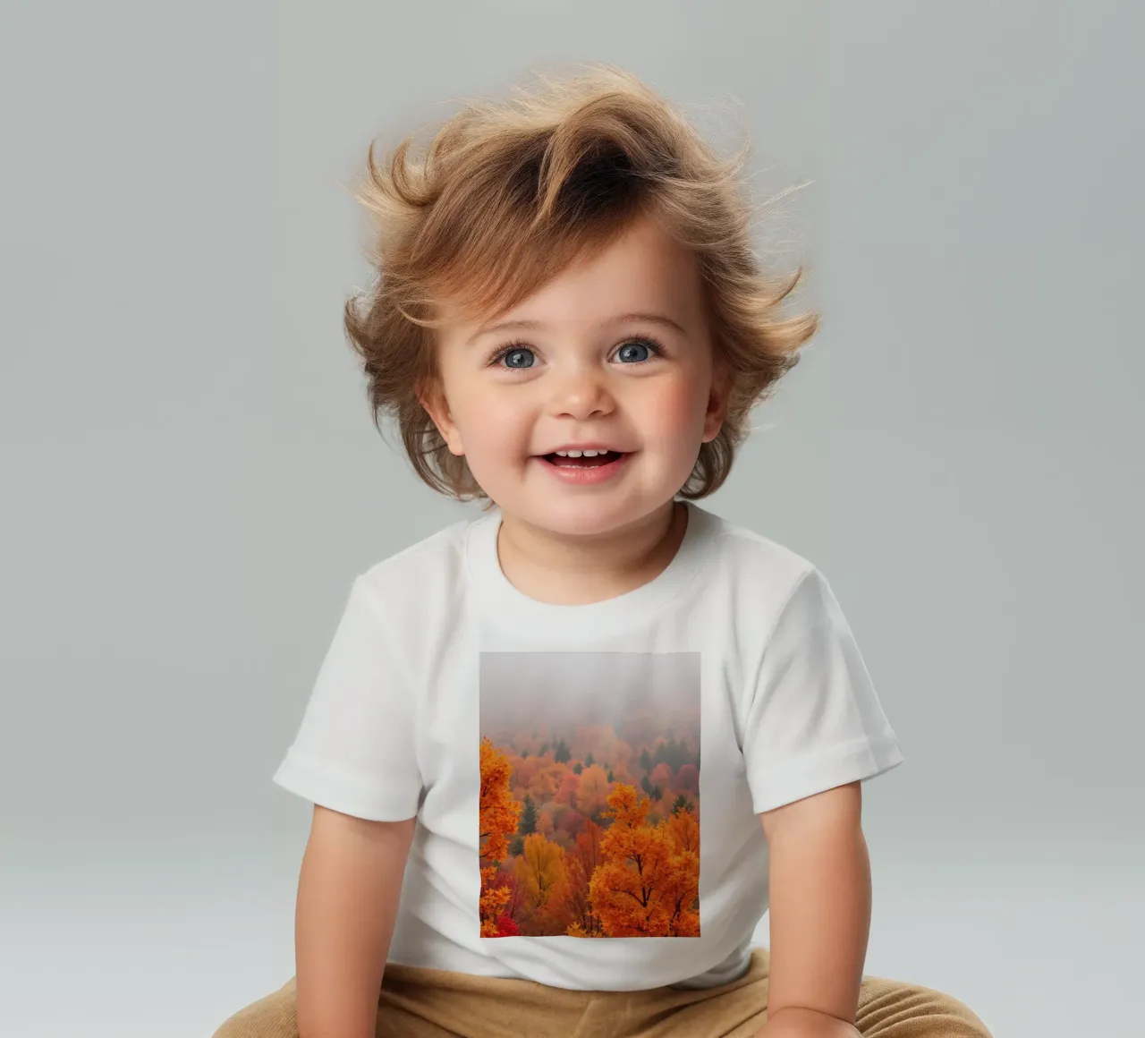 fall foliage creating a stunning backdrop in a misty forest baby t-shirt by DesignDoodle