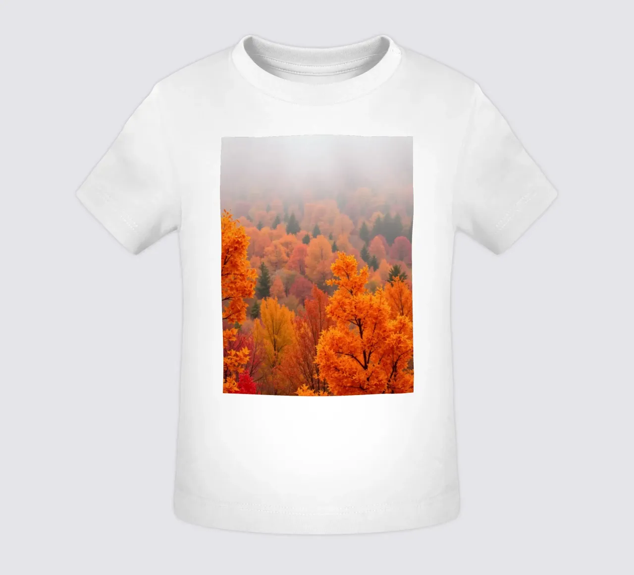 fall foliage creating a stunning backdrop in a misty forest baby t-shirt by DesignDoodle