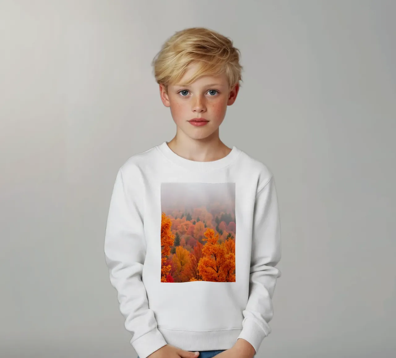 fall foliage creating a stunning backdrop in a misty forest kids sweatshirt by DesignDoodle