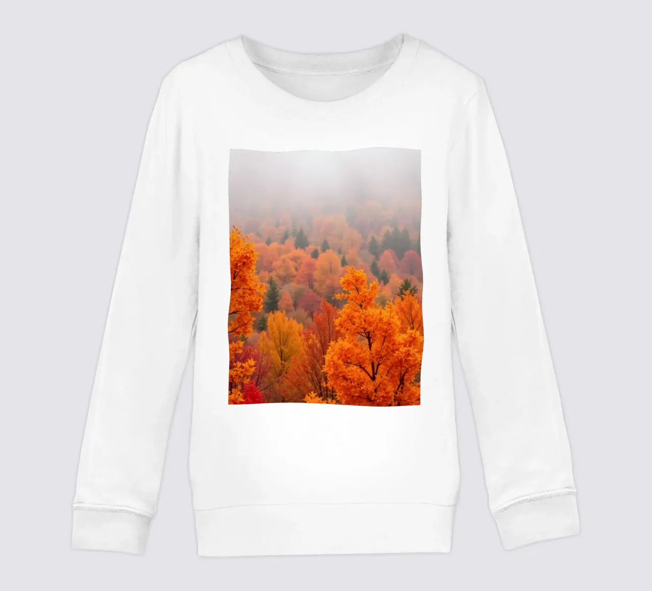 fall foliage creating a stunning backdrop in a misty forest kids sweatshirt by DesignDoodle