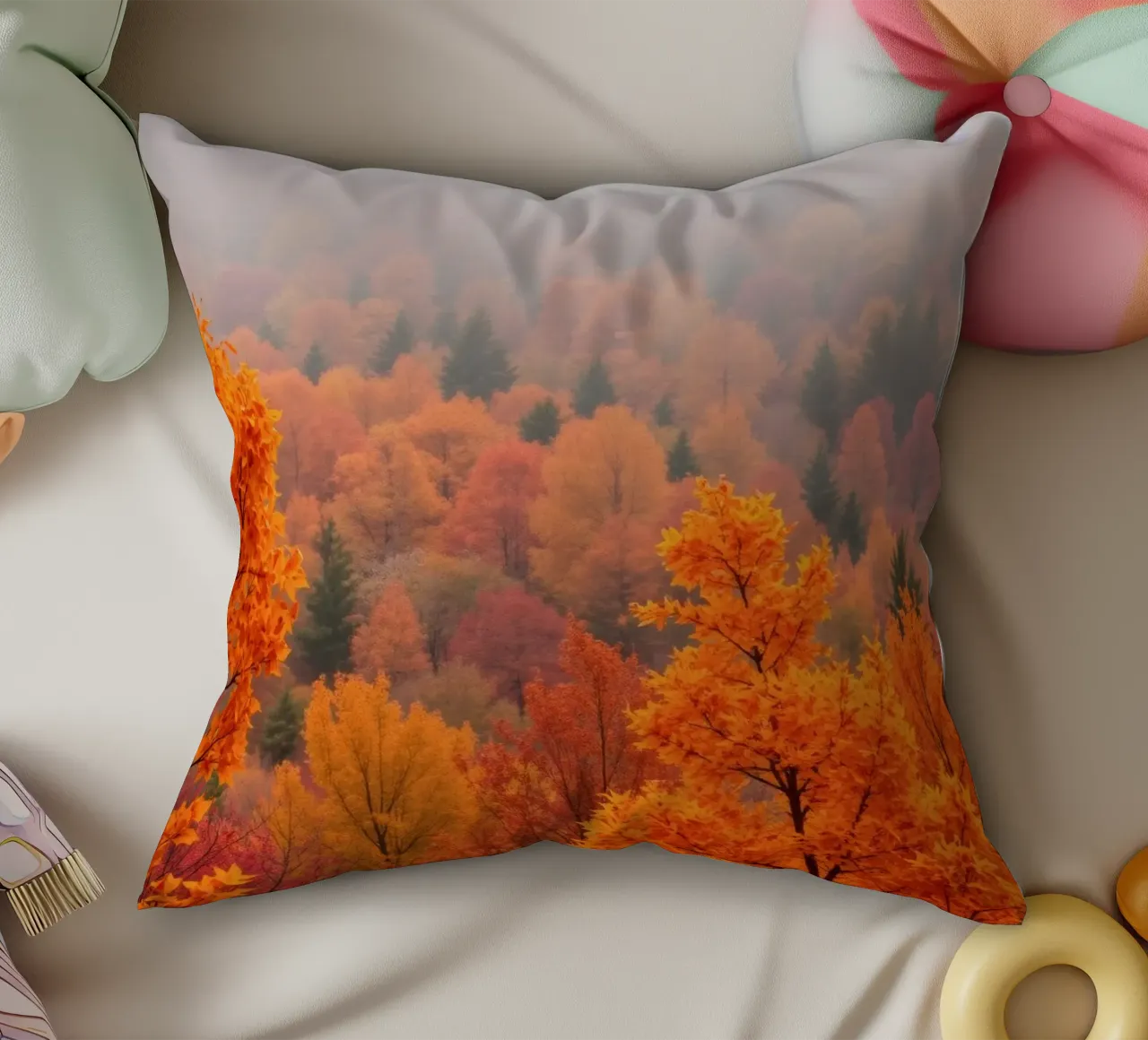 fall foliage creating a stunning backdrop in a misty forest decorative cushion by DesignDoodle