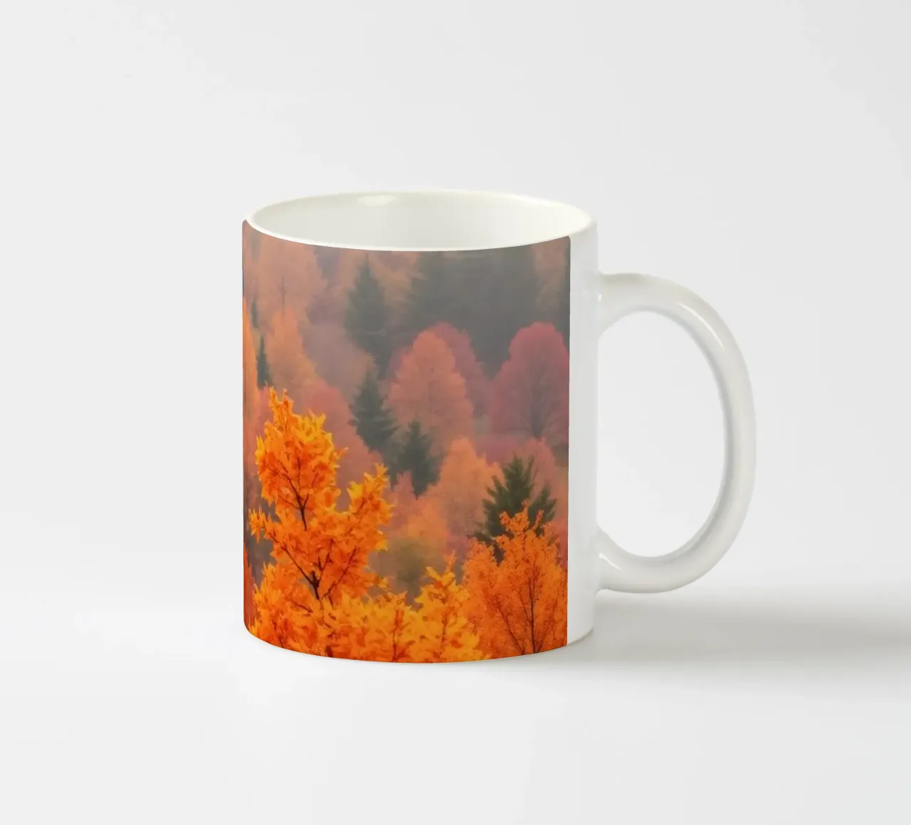 fall foliage creating a stunning backdrop in a misty forest ceramic mug by DesignDoodle
