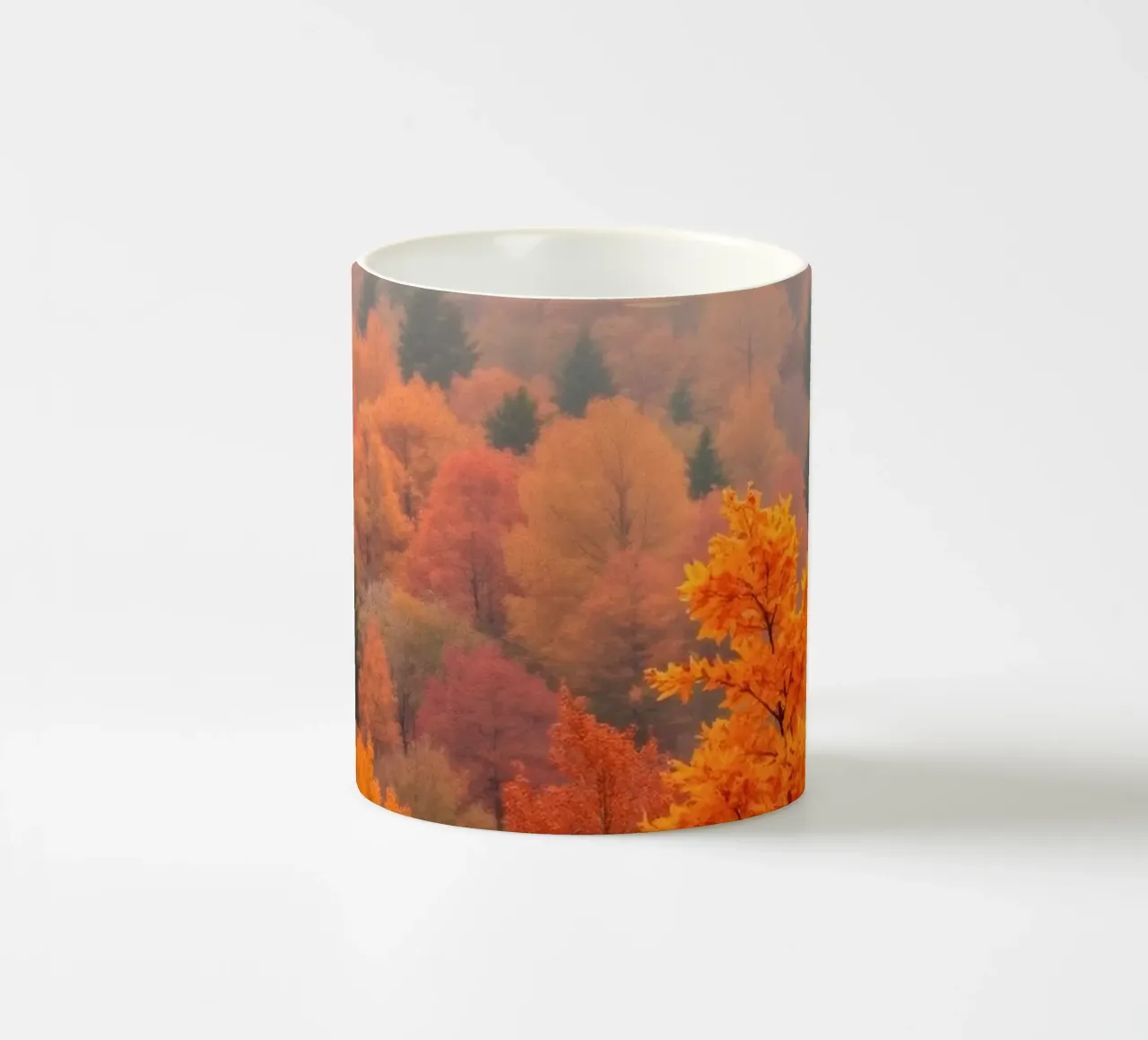 fall foliage creating a stunning backdrop in a misty forest ceramic mug by DesignDoodle