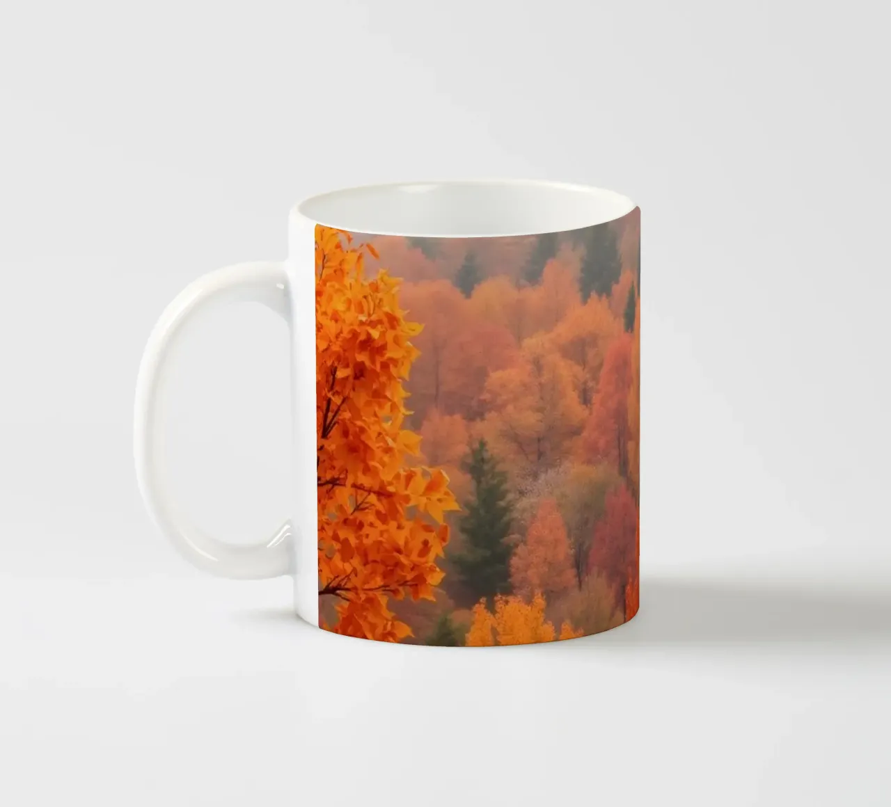 fall foliage creating a stunning backdrop in a misty forest ceramic mug by DesignDoodle