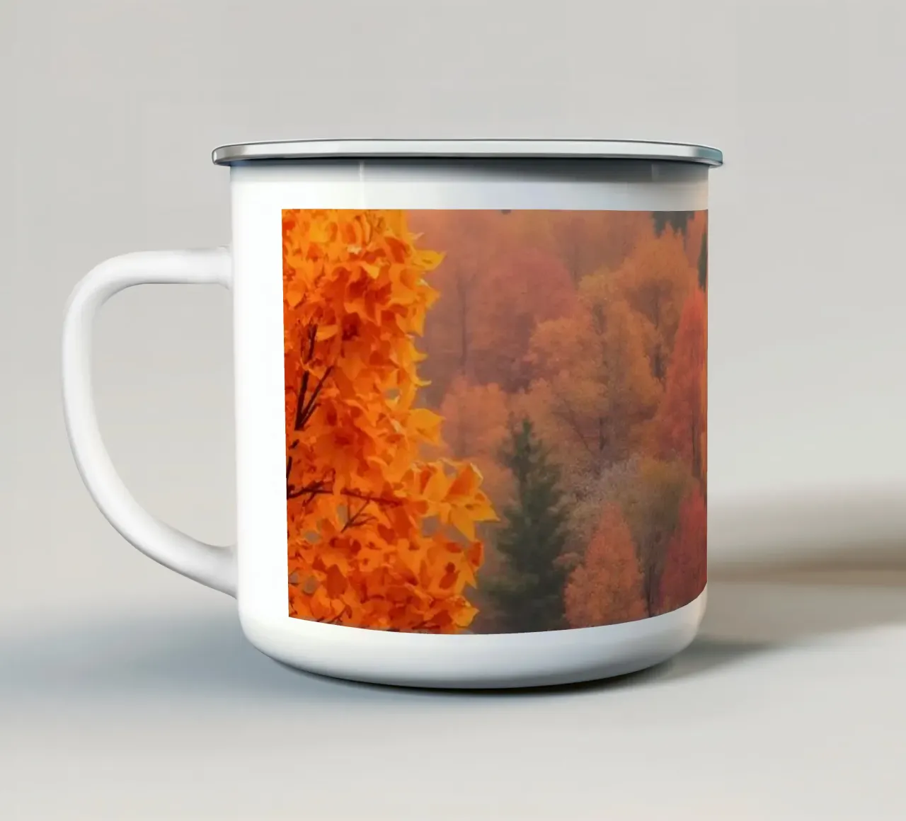 fall foliage creating a stunning backdrop in a misty forest enamel mug by DesignDoodle