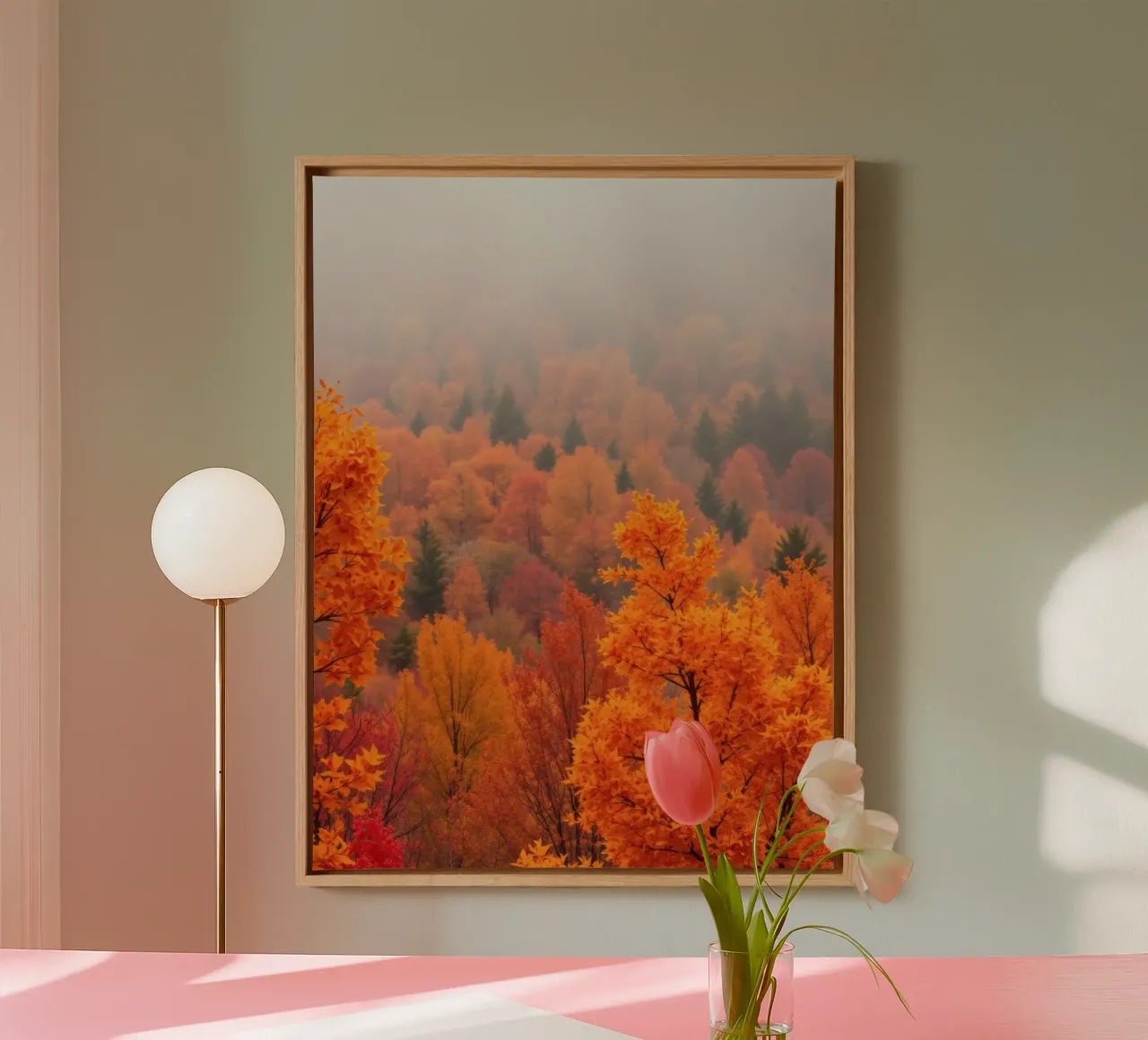 fall foliage creating a stunning backdrop in a misty forest canvas with Floater frame by DesignDoodle