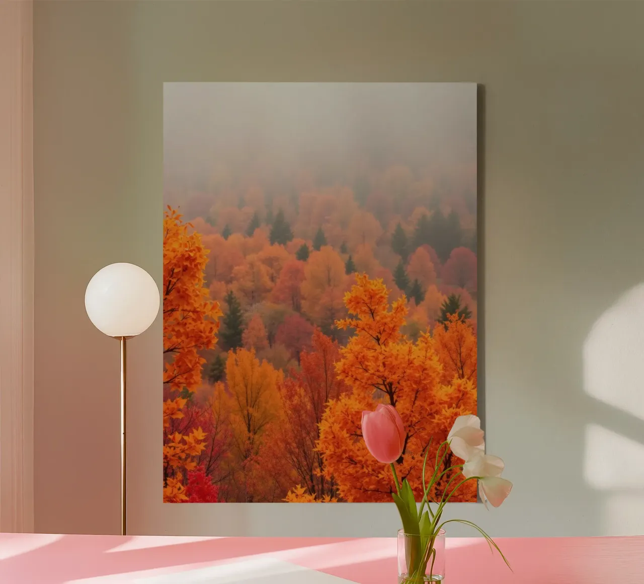 fall foliage creating a stunning backdrop in a misty forest canvas with Floater frame by DesignDoodle