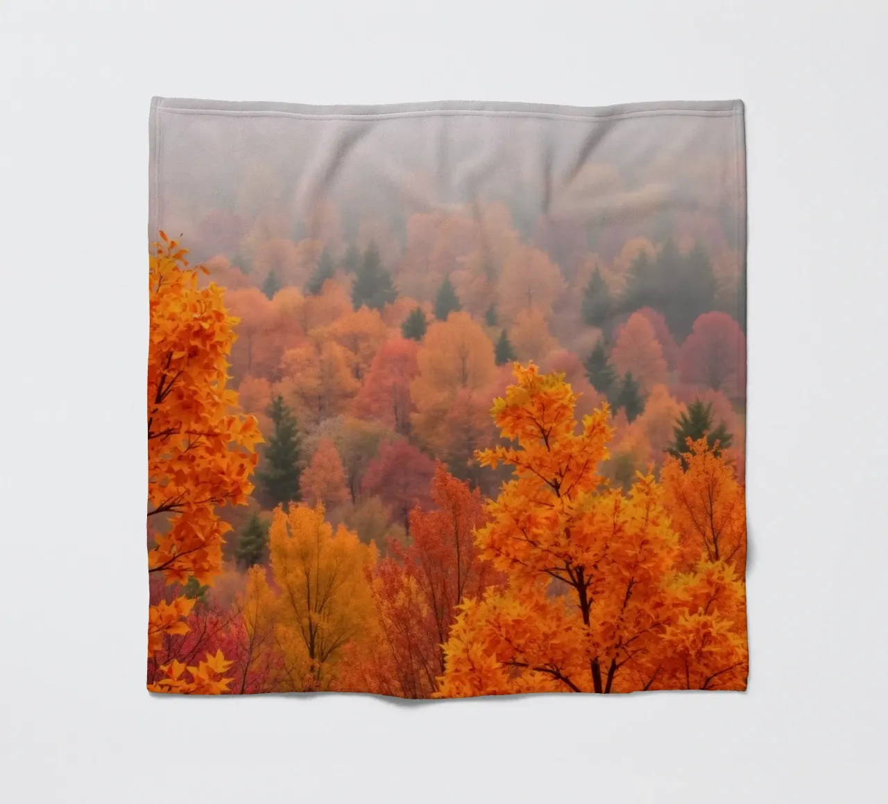 fall foliage creating a stunning backdrop in a misty forest fleece blanket by DesignDoodle