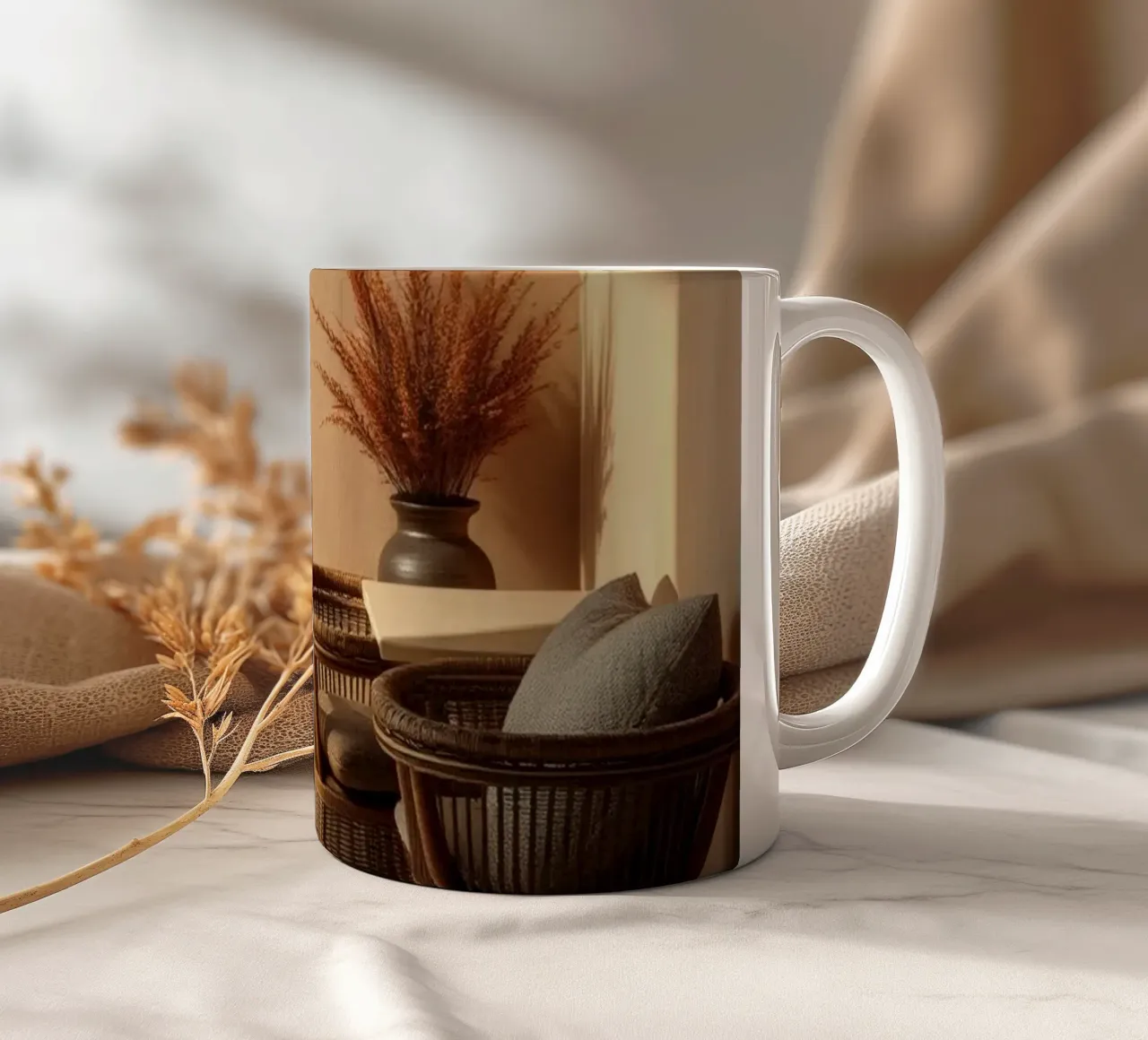 Elegant and calming room featuring minimalist interior ceramic mug by DesignDoodle