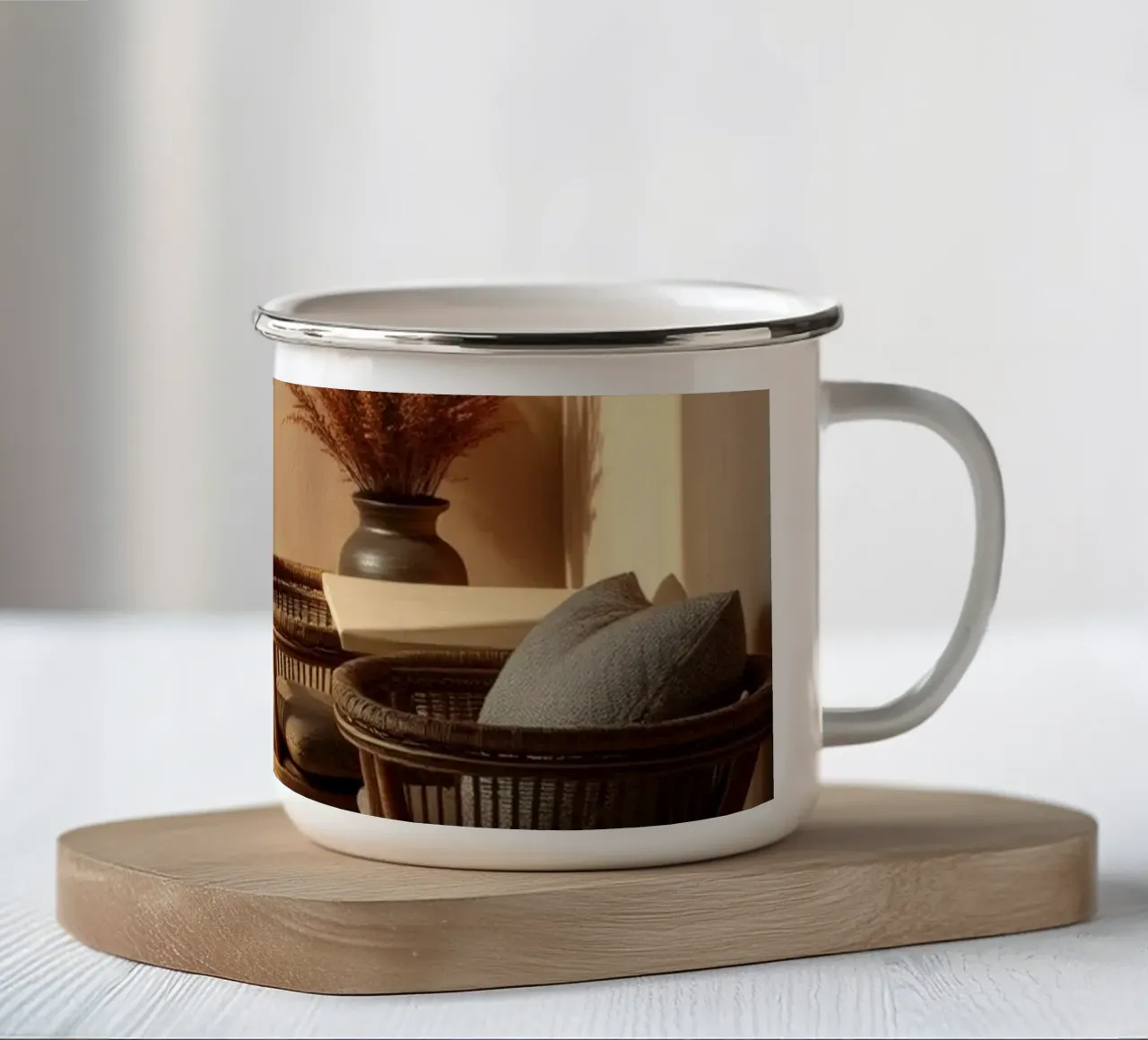 Camera elegante e rilassante con interni minimalisti tazza in smalto da DesignDoodle
