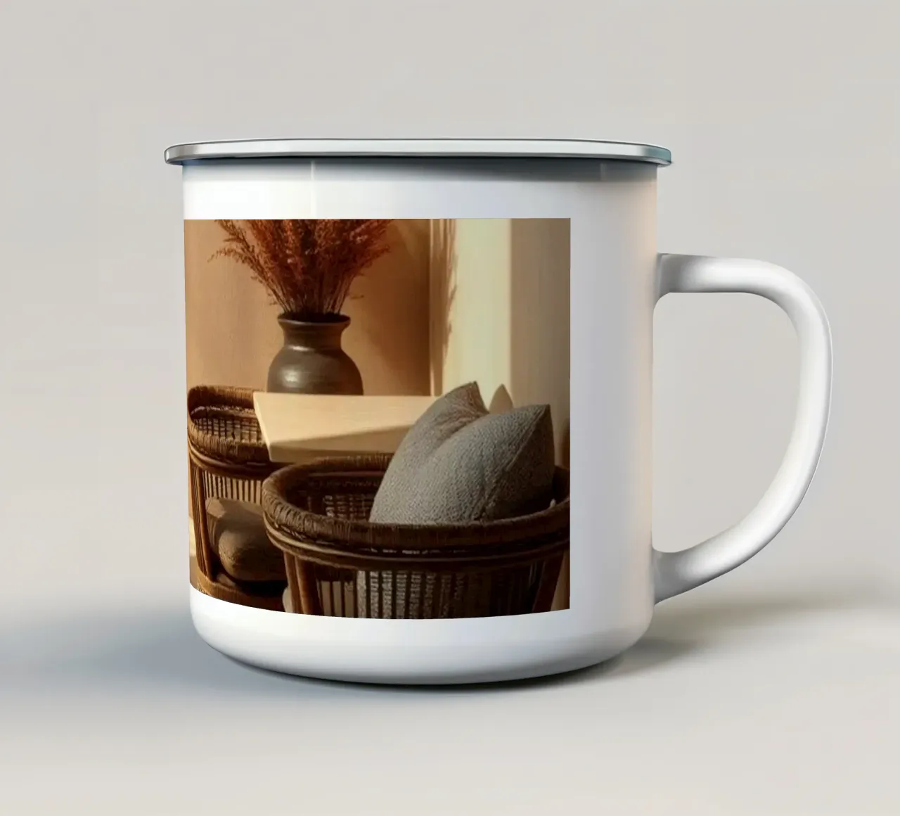 Camera elegante e rilassante con interni minimalisti tazza in smalto da DesignDoodle