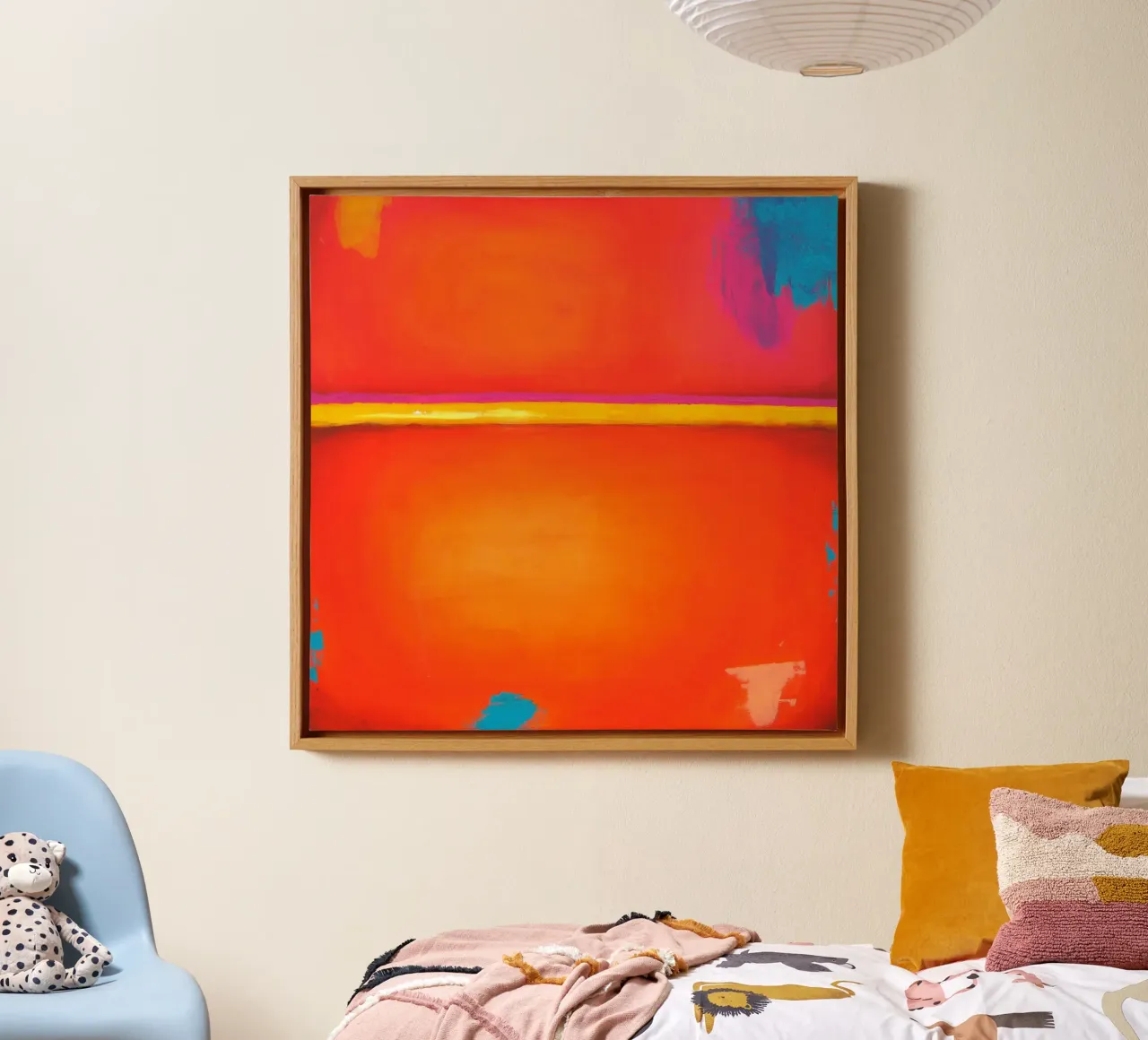 Vue sur l'été - Jaune Orange Bleu Art abstrait toile avec Caisse américaine de Petra Lang