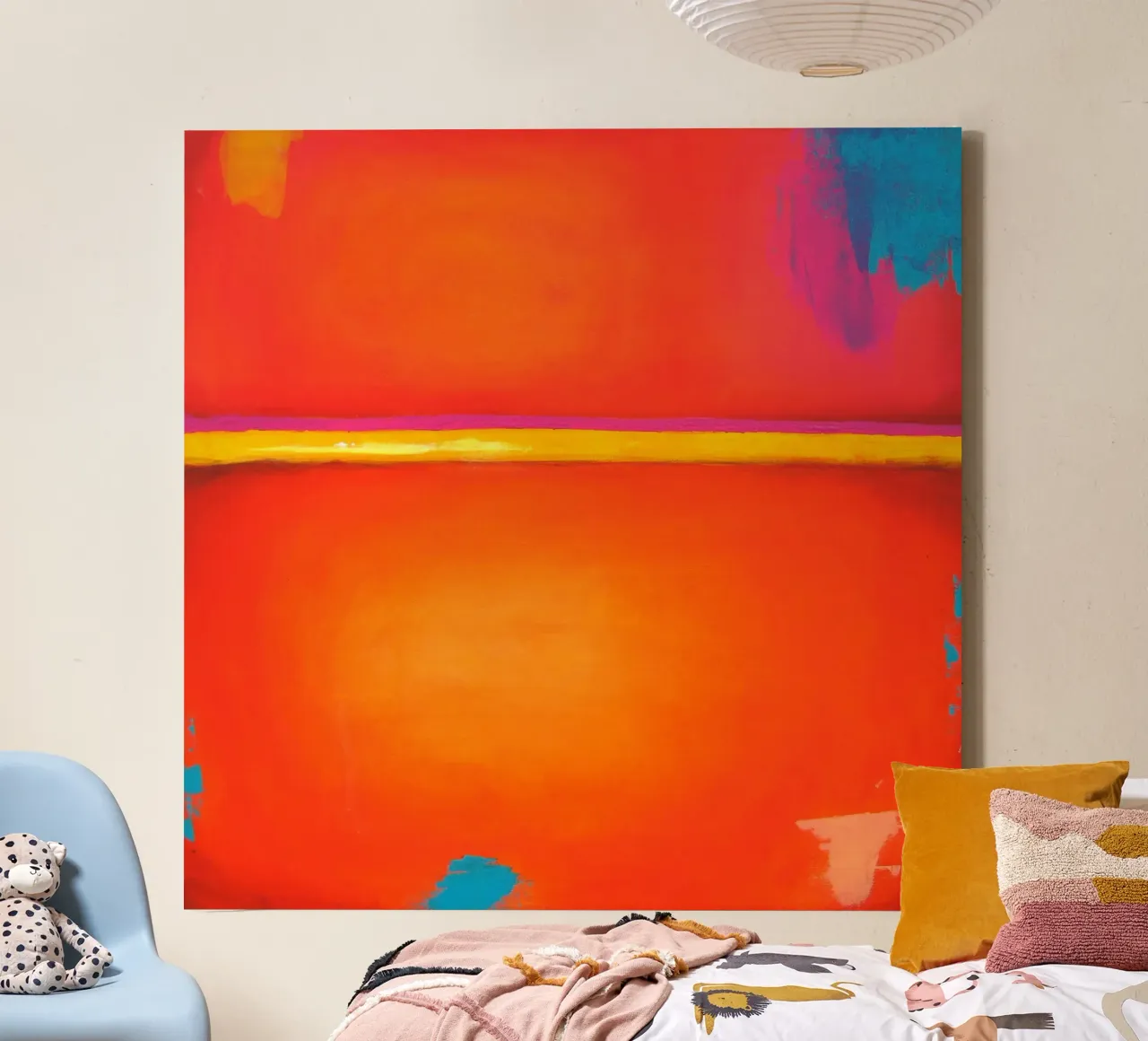 Vue sur l'été - Jaune Orange Bleu Art abstrait toile avec Caisse américaine de Petra Lang