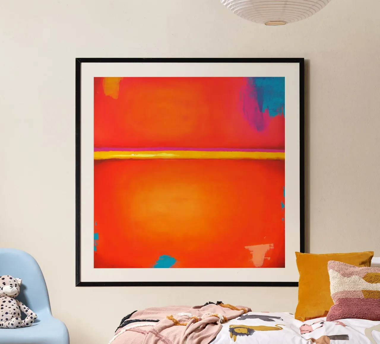 Vue sur l'été - Jaune Orange Bleu Art abstrait poster de Petra Lang