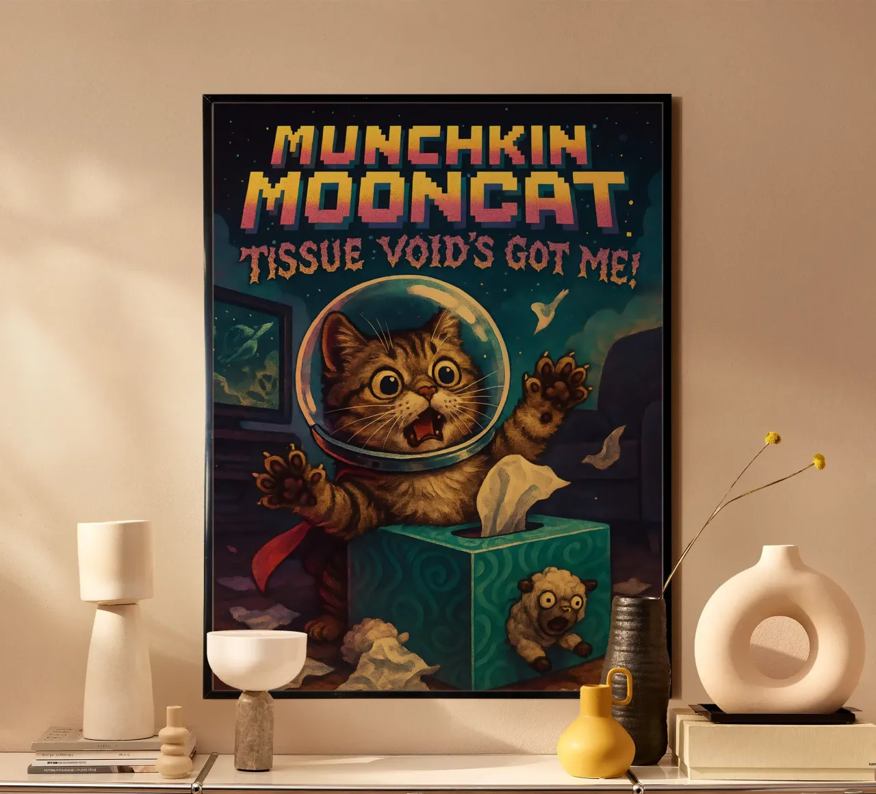 Meme divertente del gatto Munchkin poster con telaio in legno da Funny Humor Art
