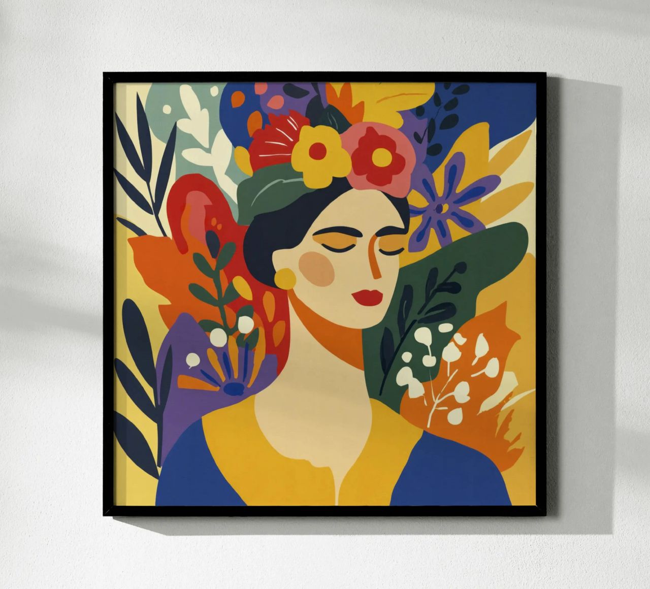 Moderne Frau aus der Jahrhundertmitte mit Blumenkrone, erdige Töne Poster von Modern Muse