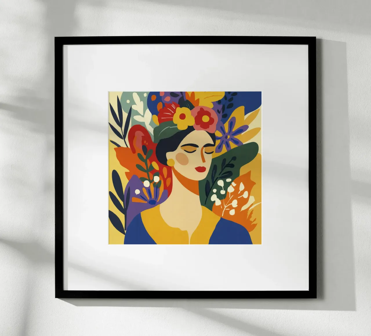 Donna moderna del Medioevo con corona floreale, toni della terra poster con telaio in legno da Modern Muse