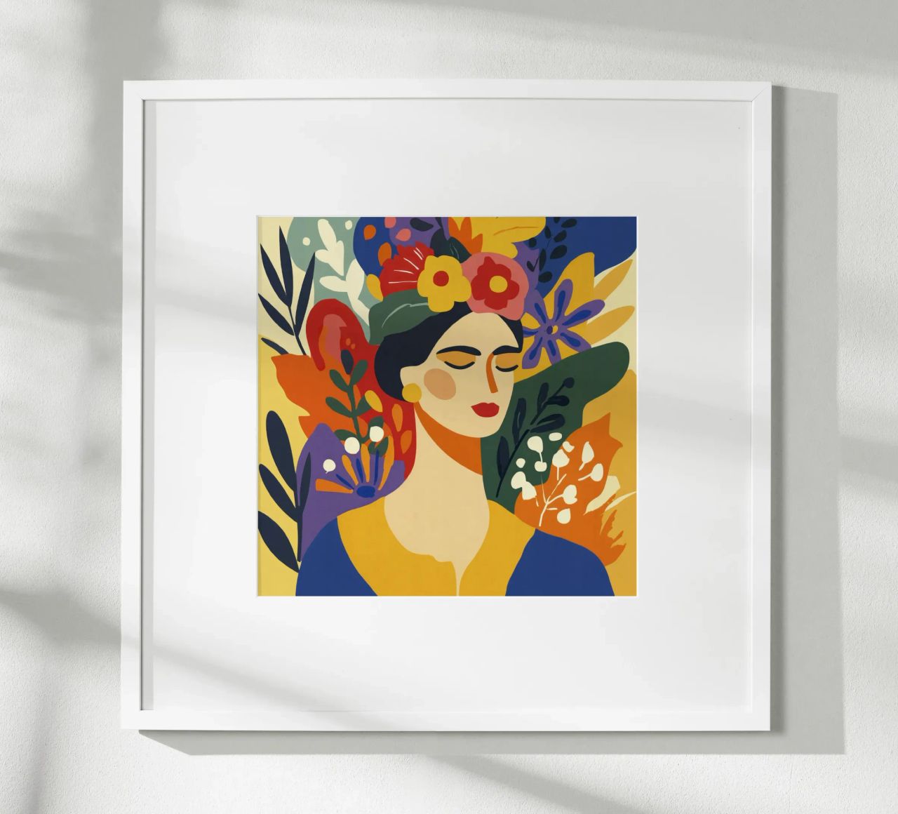 Moderne Frau aus der Jahrhundertmitte mit Blumenkrone, erdige Töne Poster von Modern Muse